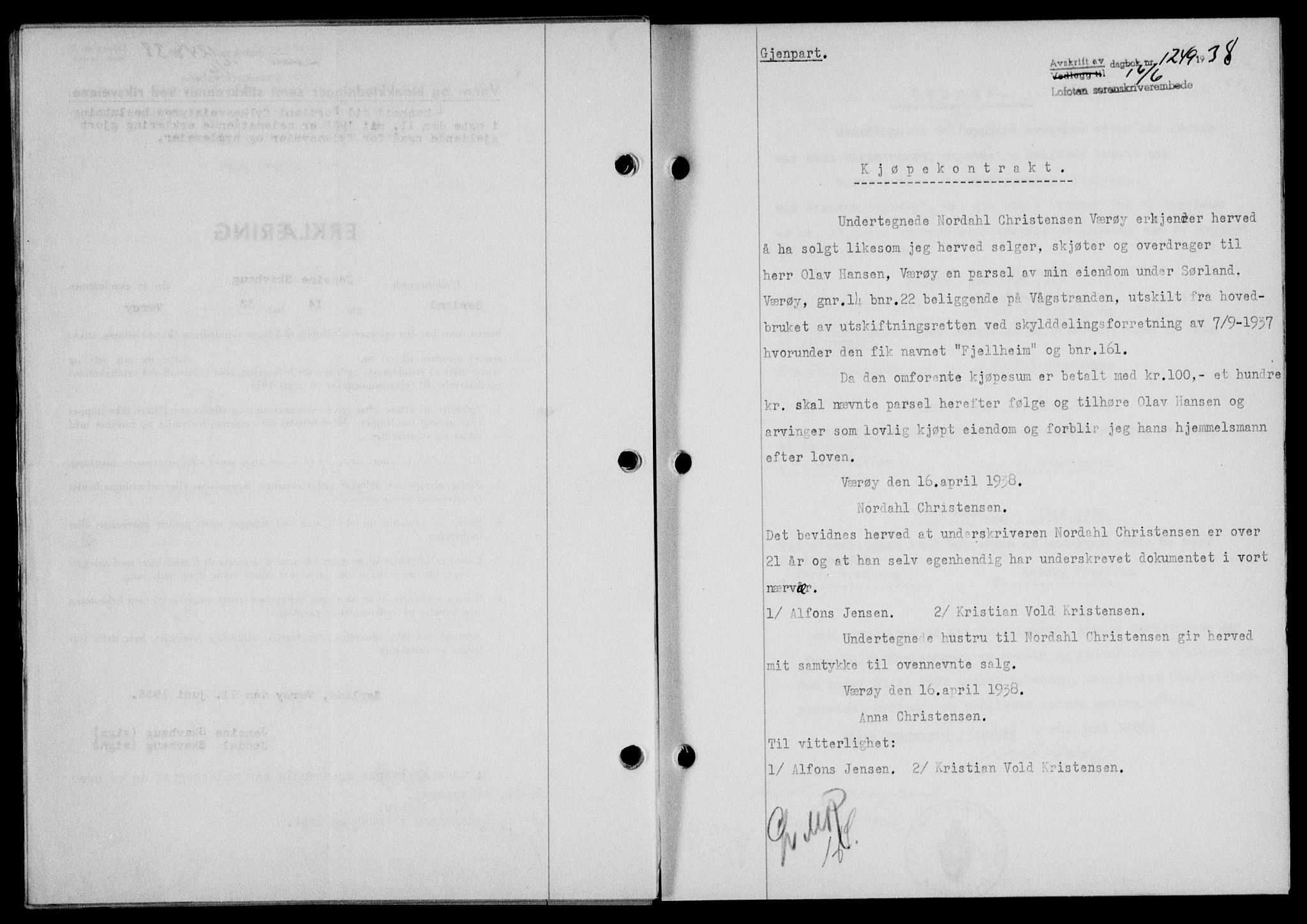 Lofoten sorenskriveri, SAT/A-0017/1/2/2C/L0004a: Mortgage book no. 4a, 1938-1938, Diary no: : 1249/1938