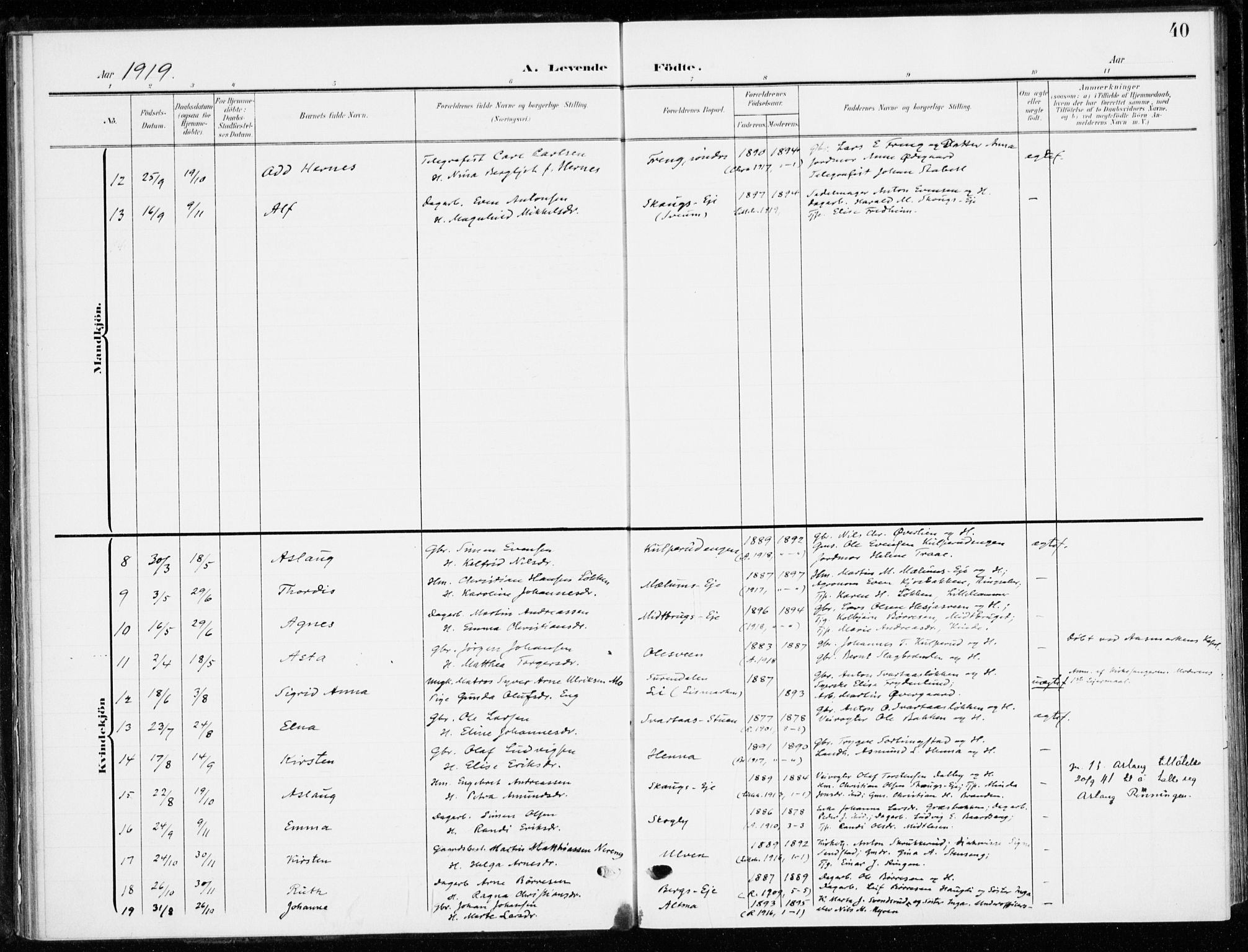Ringsaker prestekontor, SAH/PREST-014/K/Ka/L0021: Parish register (official) no. 21, 1905-1920, p. 40