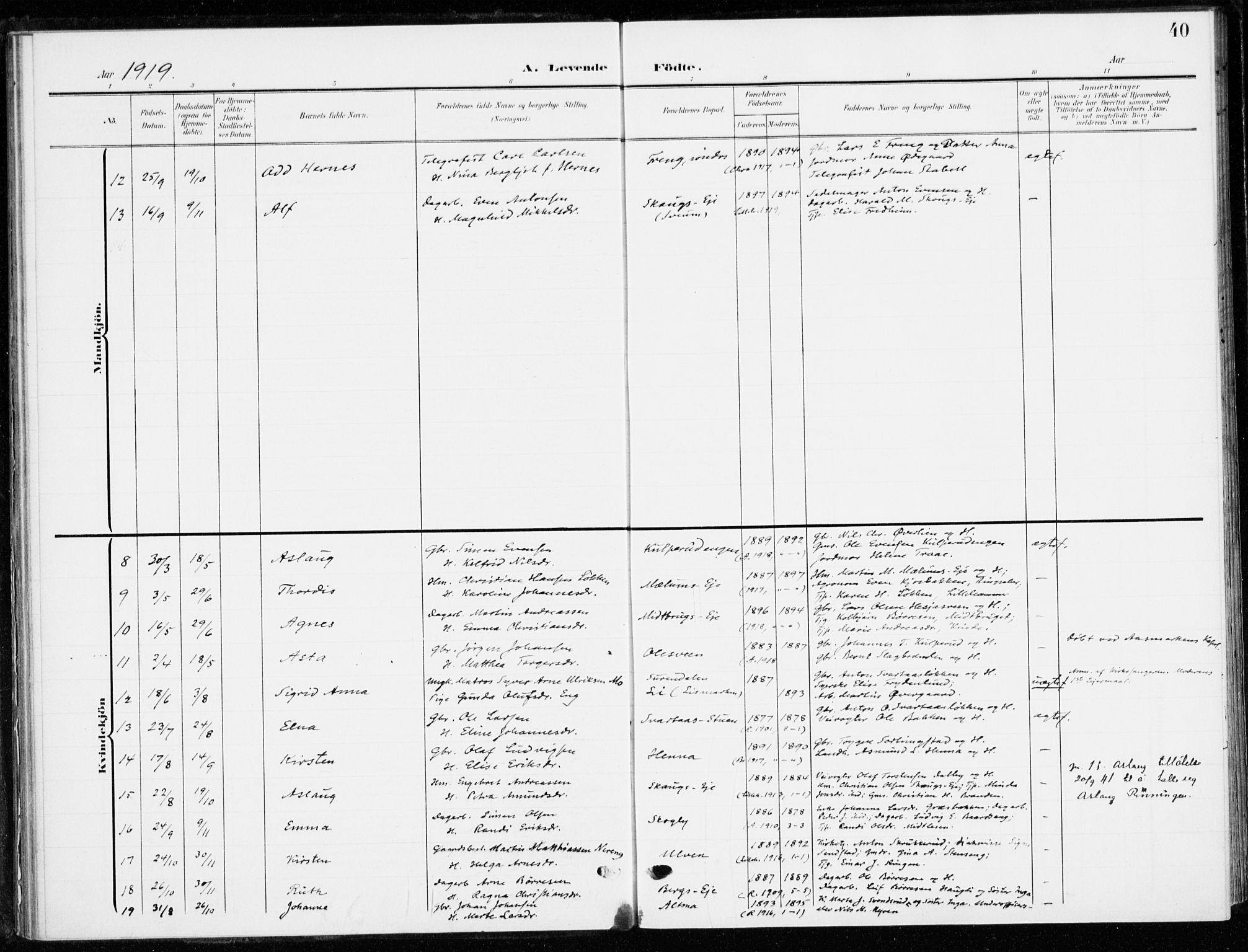 Ringsaker prestekontor, AV/SAH-PREST-014/K/Ka/L0021: Parish register (official) no. 21, 1905-1920, p. 40