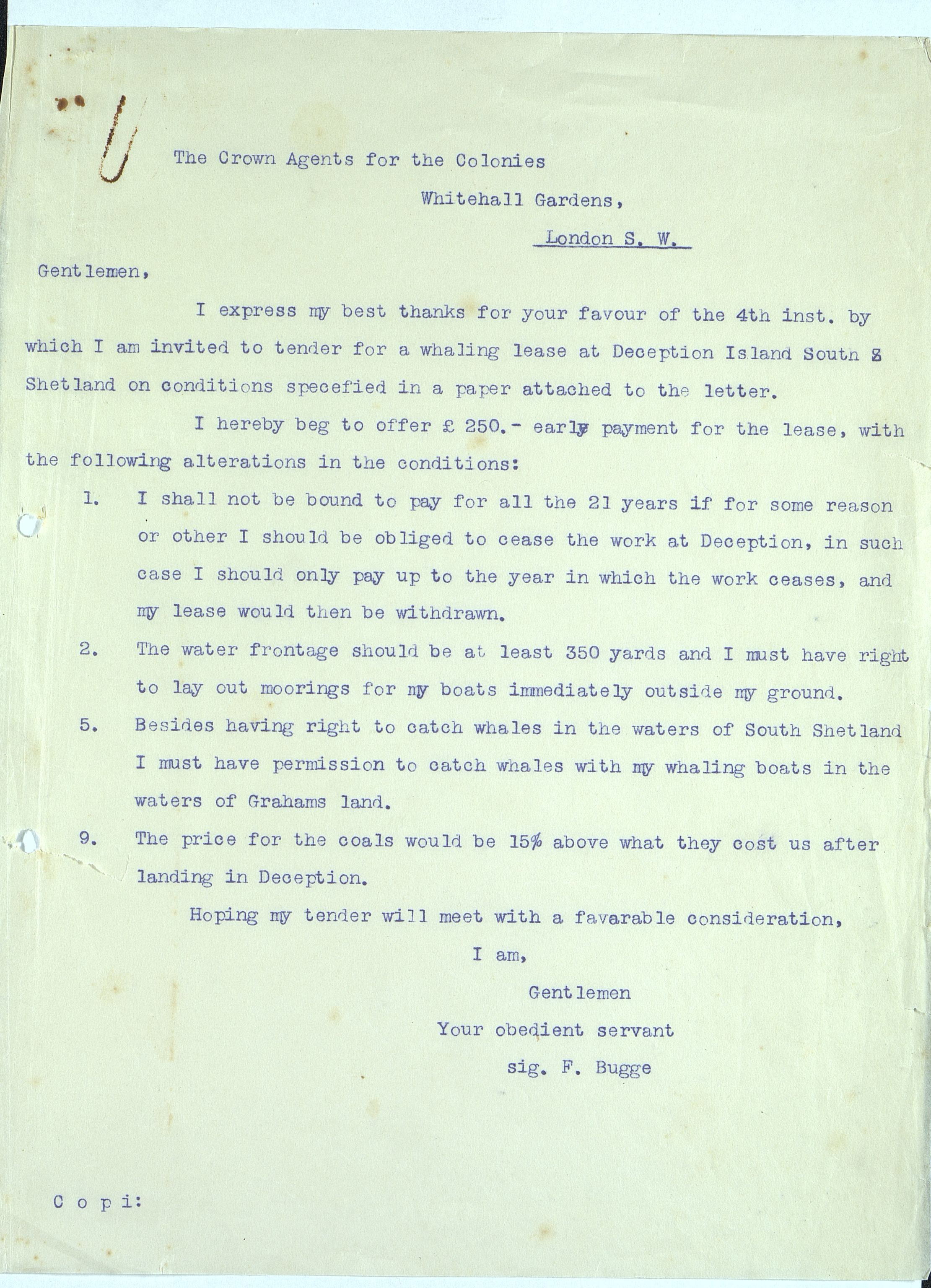 Pa 258 - N. Bugge AS, VEMU/A-1326/E/Ea/L0001/0001: Lisensavtaler og korrespondanse med Britiske myndigheter / The Crown Agents for the Colonies, 1911-1920
