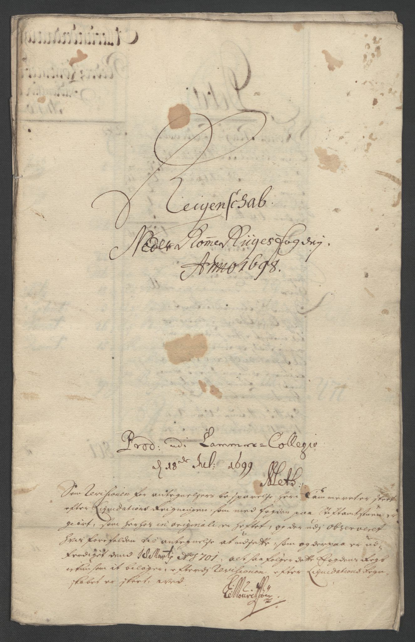 Rentekammeret inntil 1814, Reviderte regnskaper, Fogderegnskap, RA/EA-4092/R11/L0581: Fogderegnskap Nedre Romerike, 1698, p. 3