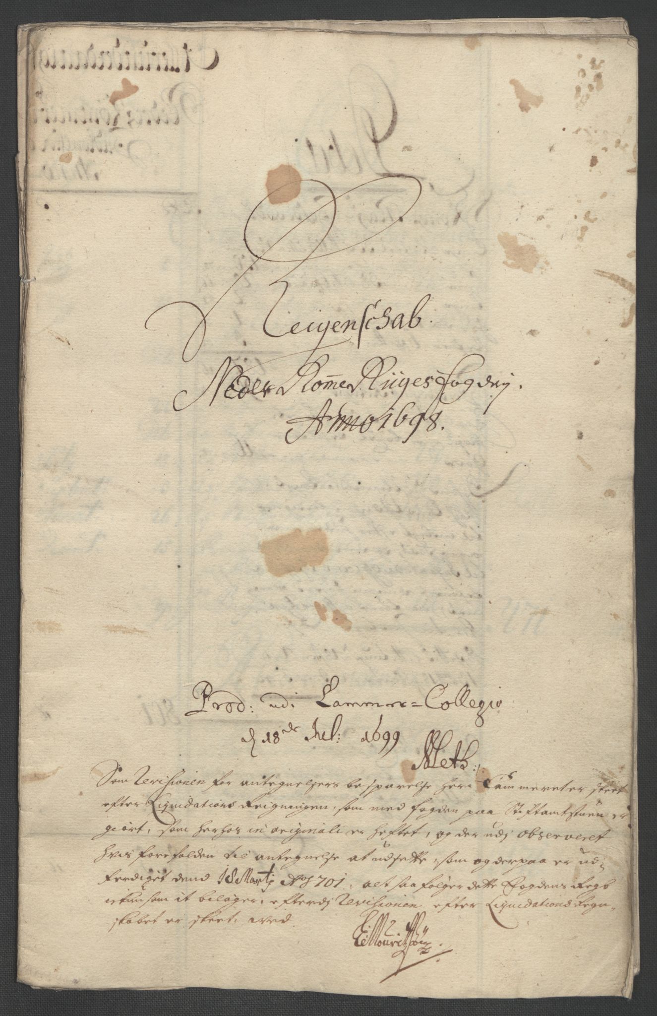 Rentekammeret inntil 1814, Reviderte regnskaper, Fogderegnskap, AV/RA-EA-4092/R11/L0581: Fogderegnskap Nedre Romerike, 1698, p. 3