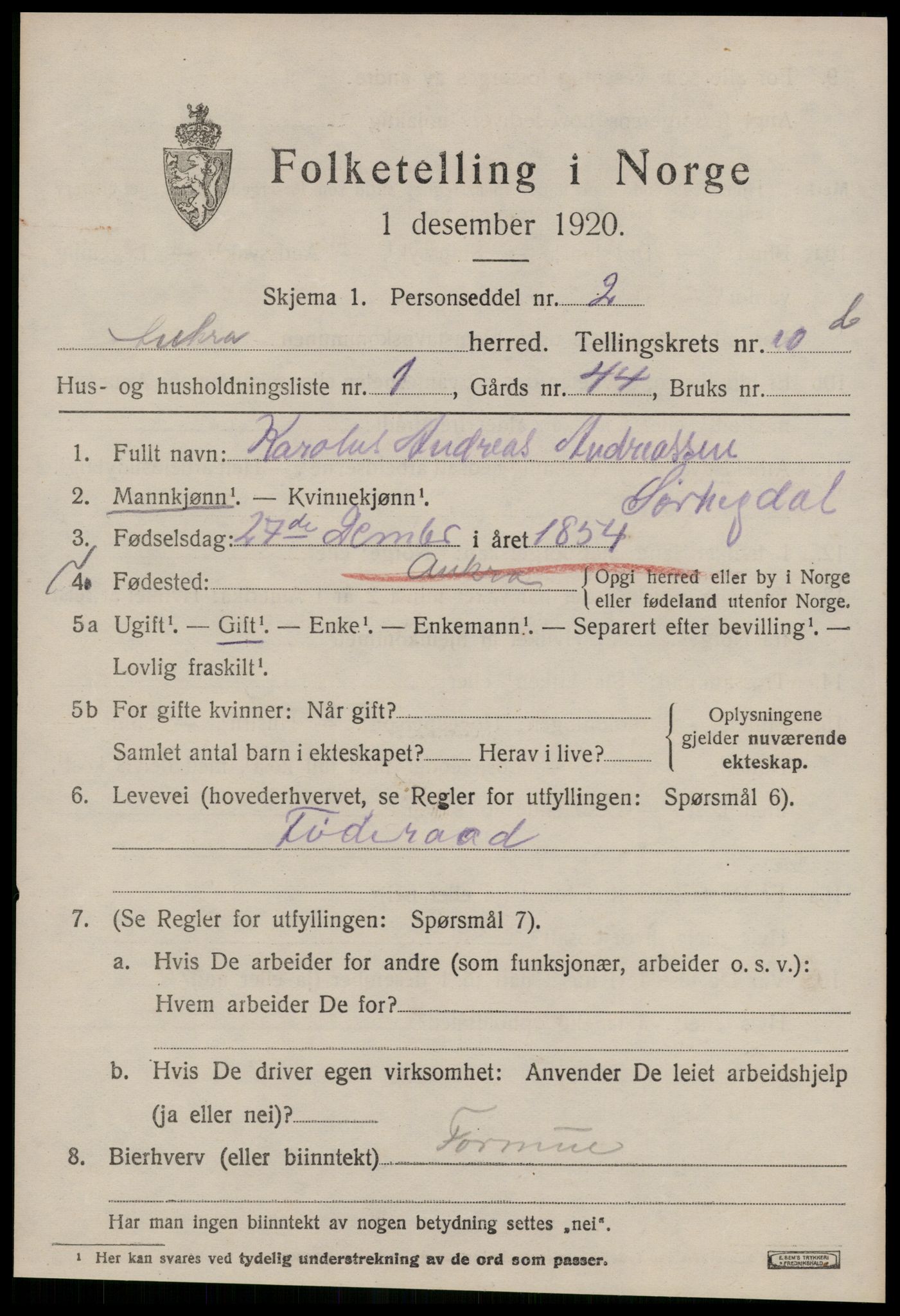 SAT, 1920 census for Aukra, 1920, p. 4981