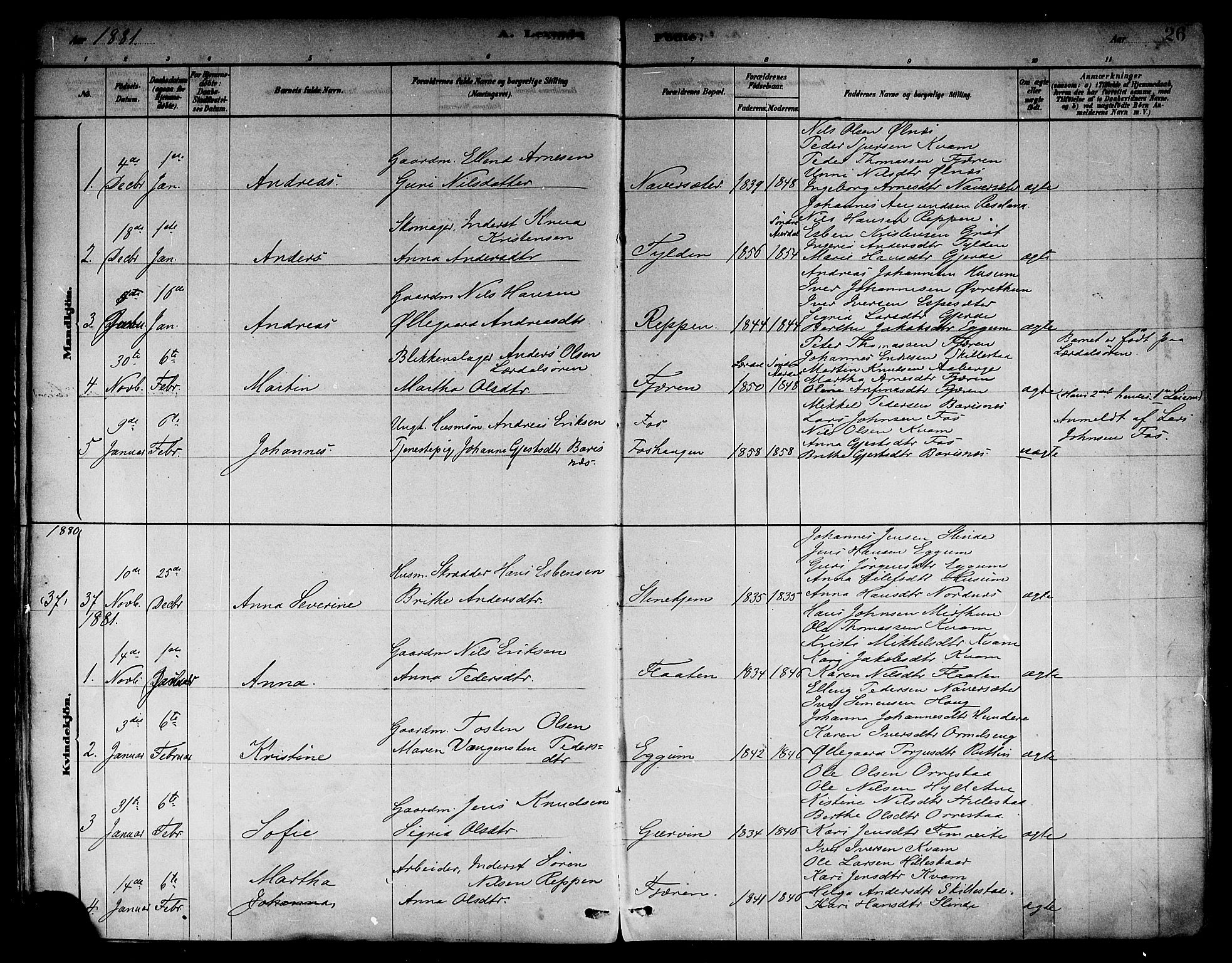 Sogndal sokneprestembete, AV/SAB-A-81301/H/Haa/Haab/L0001: Parish register (official) no. B 1, 1878-1899, p. 26