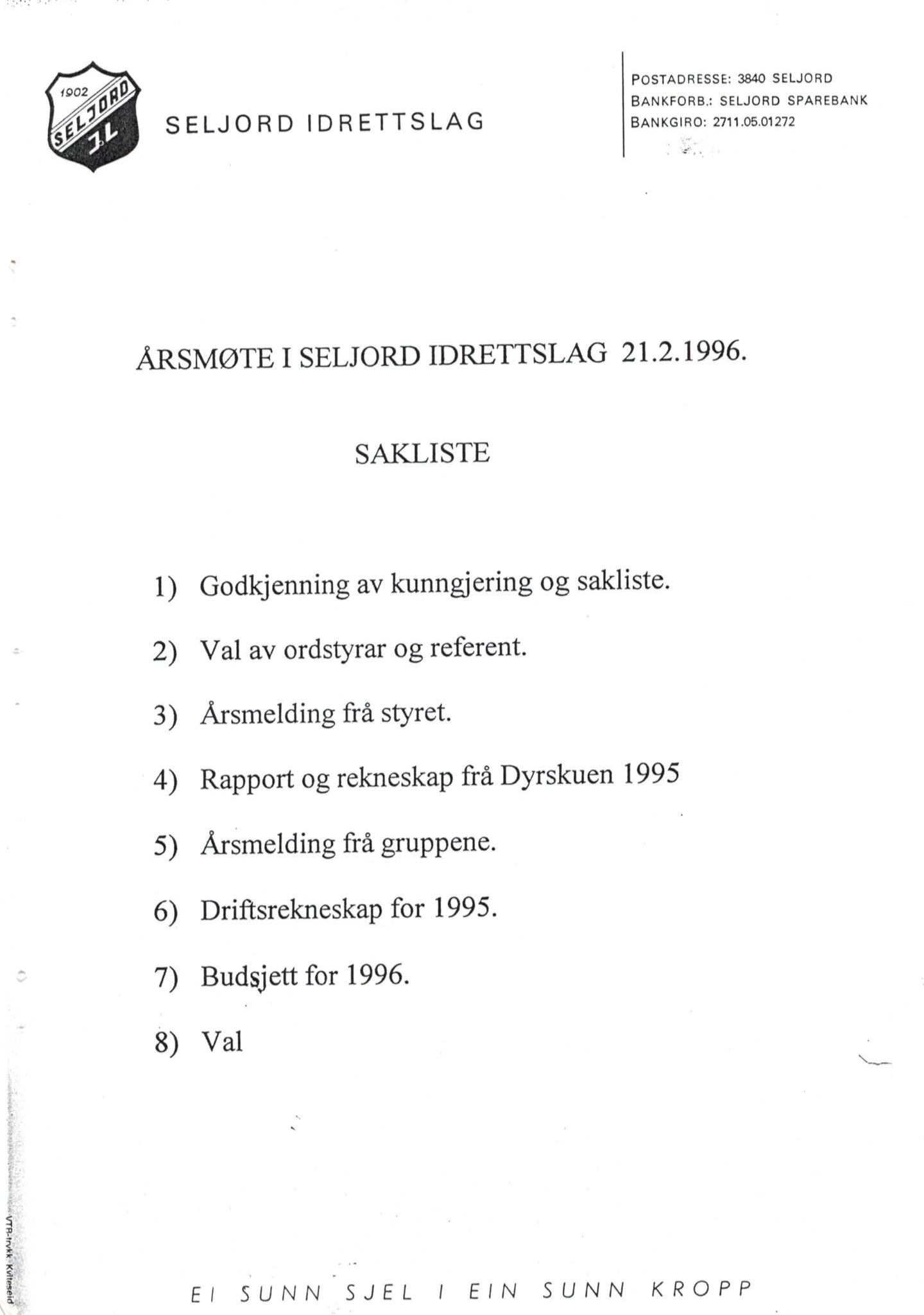 Seljord Idrettslag, VTM/A-1034/A/Ab/L0002: Årsmeldingar, 1995