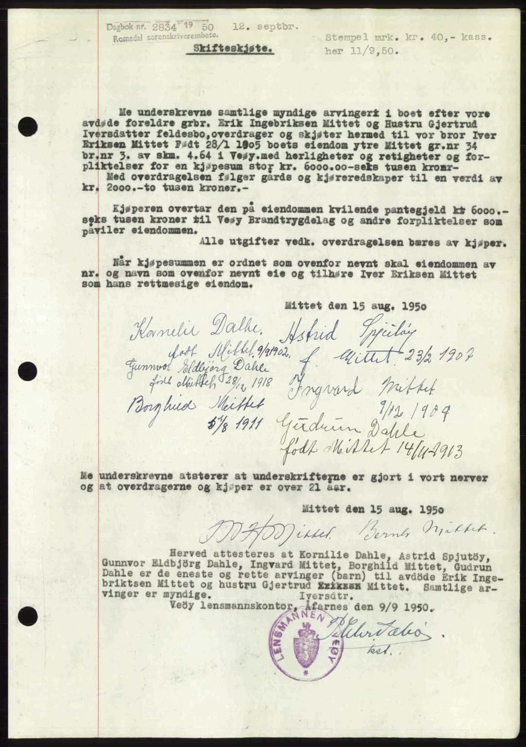 Romsdal sorenskriveri, AV/SAT-A-4149/1/2/2C: Mortgage book no. A34, 1950-1950, Diary no: : 2834/1950