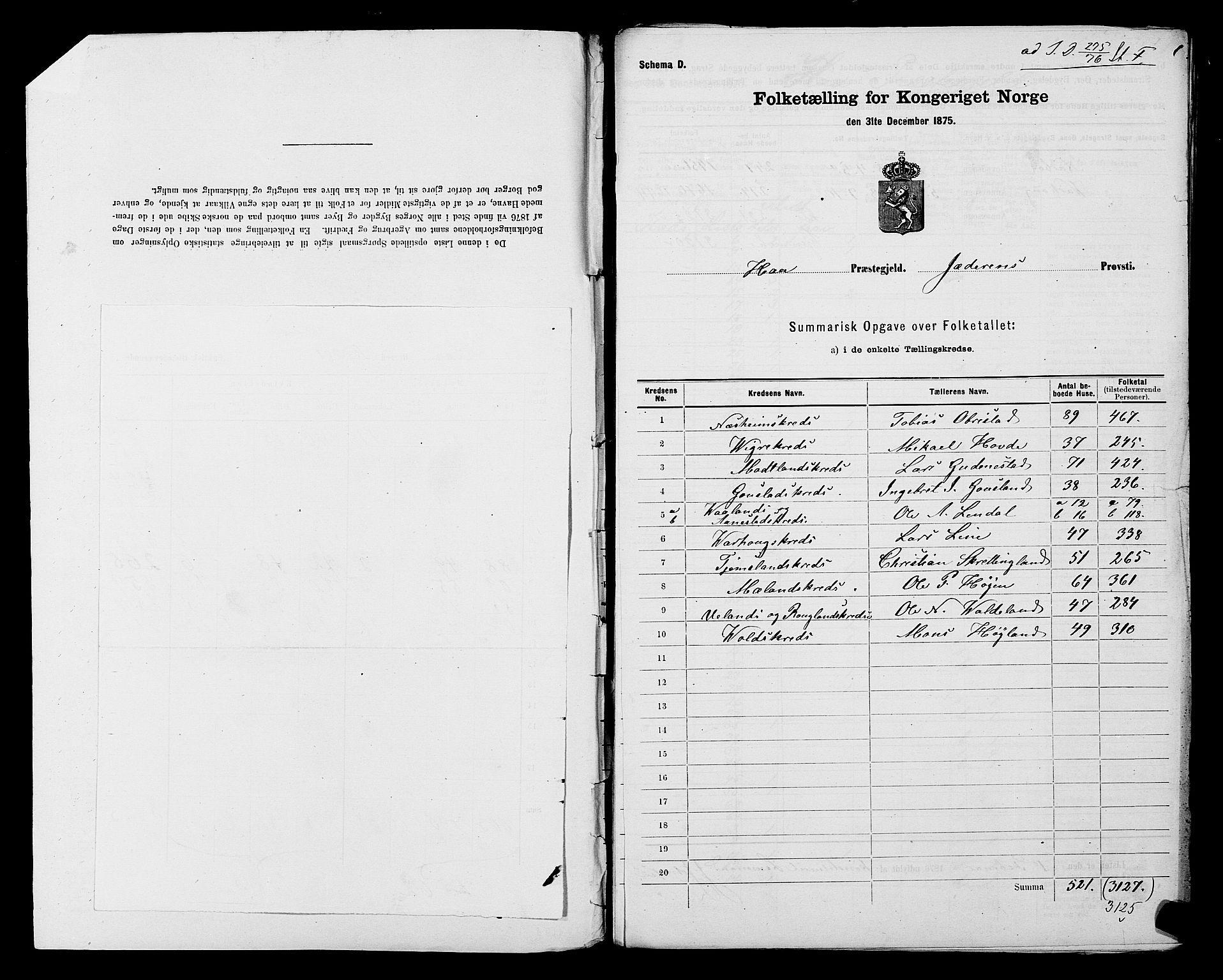 SAST, 1875 census for 1119P Hå, 1875, p. 3