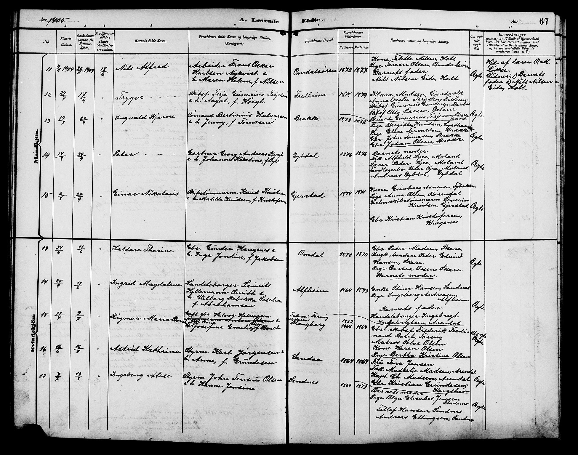 Tromøy sokneprestkontor, AV/SAK-1111-0041/F/Fb/L0006: Parish register (copy) no. B 6, 1892-1907, p. 67