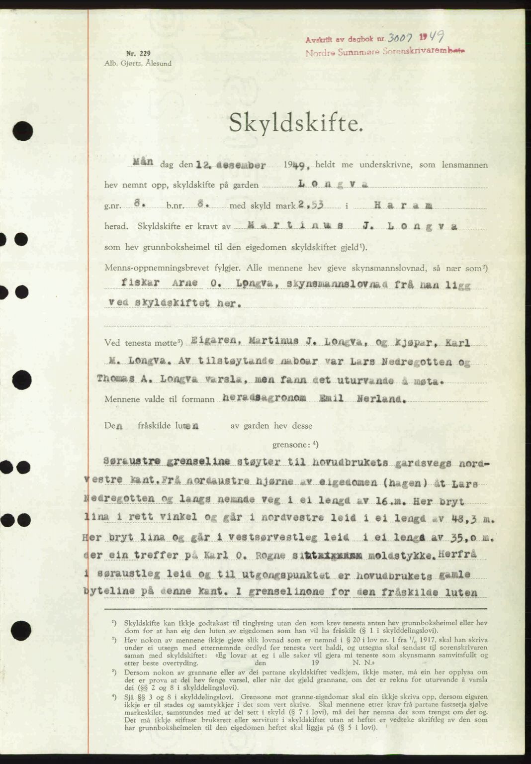 Nordre Sunnmøre sorenskriveri, AV/SAT-A-0006/1/2/2C/2Ca: Mortgage book no. A33, 1949-1950, Diary no: : 3007/1949