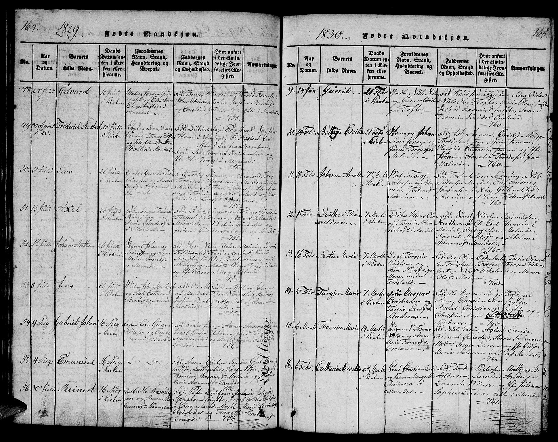 Mandal sokneprestkontor, SAK/1111-0030/F/Fb/Fba/L0001: Parish register (copy) no. B 1, 1818-1830, p. 164-165