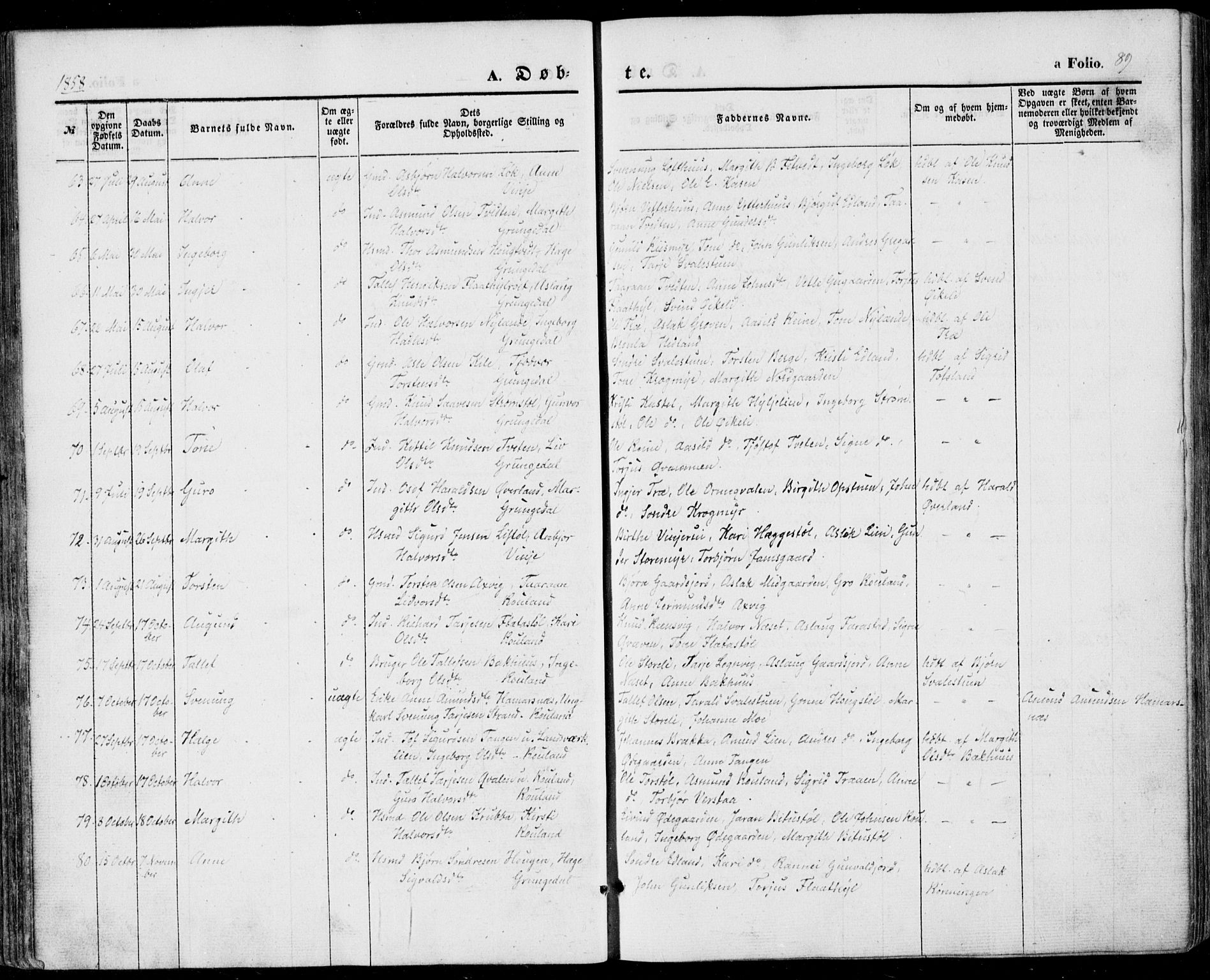 Vinje kirkebøker, SAKO/A-312/F/Fa/L0004: Parish register (official) no. I 4, 1843-1869, p. 89