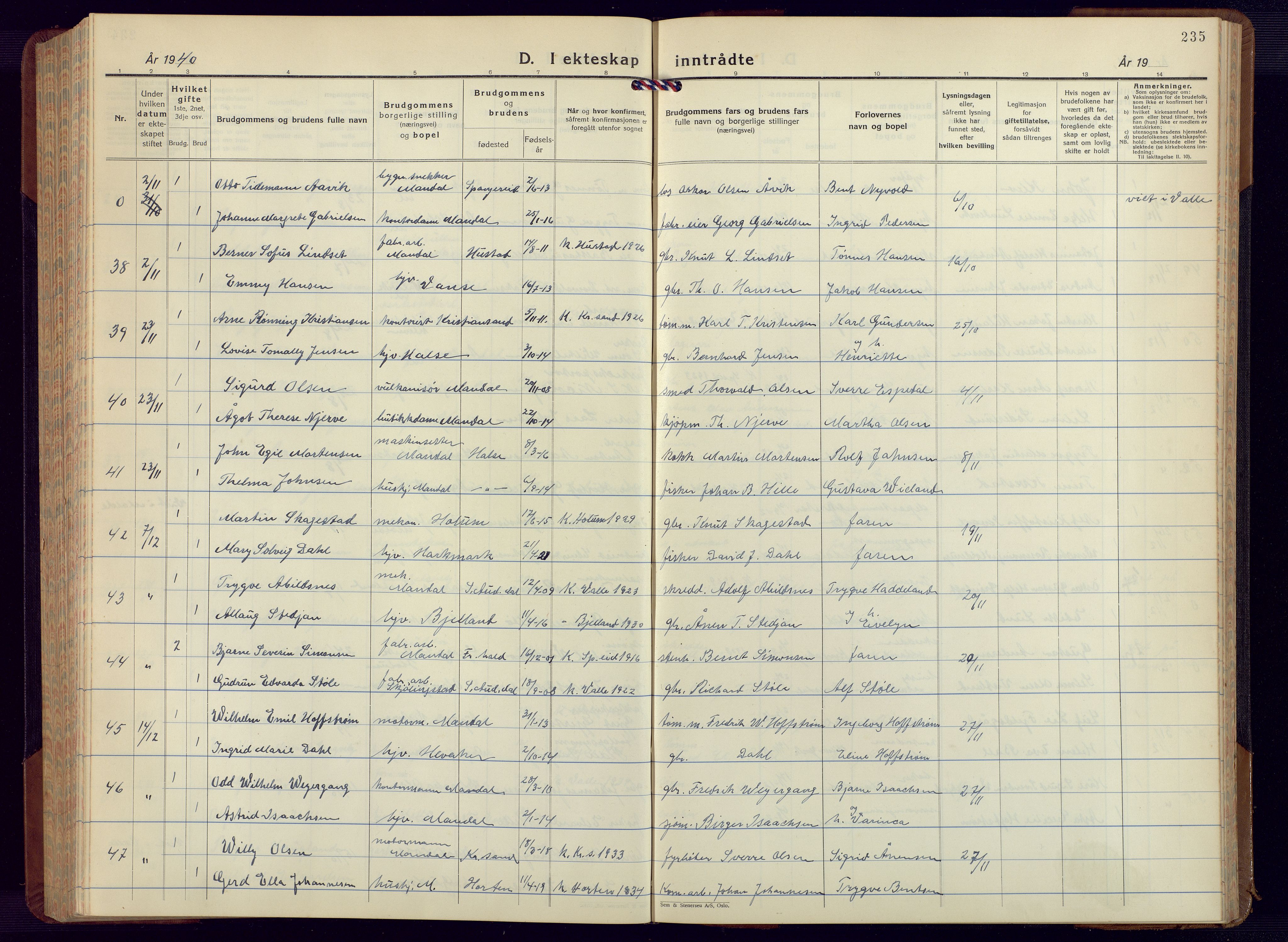 Mandal sokneprestkontor, AV/SAK-1111-0030/F/Fb/Fbc/L0002: Parish register (copy) no. B 2, 1931-1949, p. 235