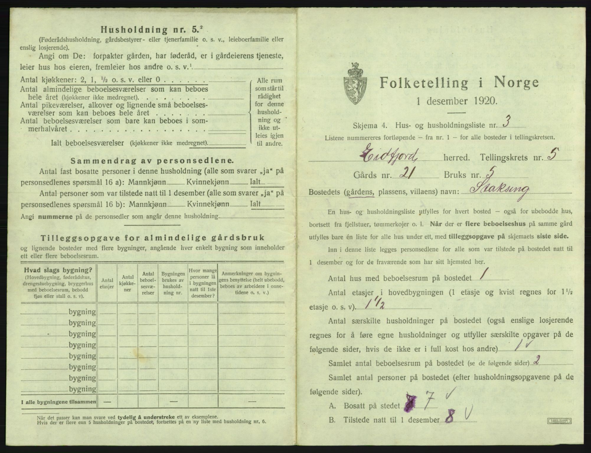 SAB, 1920 census for Eidfjord, 1920, p. 294