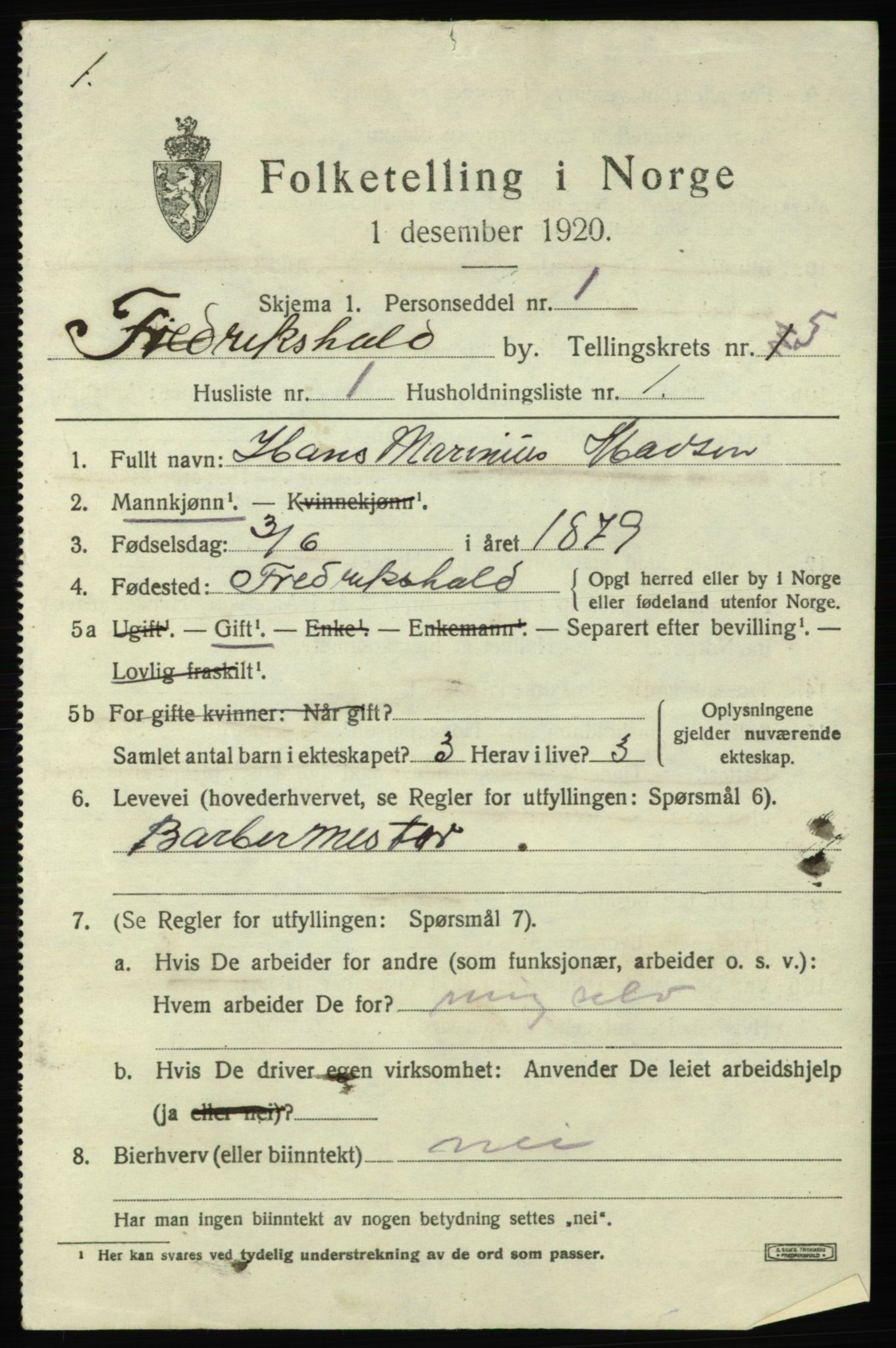 SAO, 1920 census for Fredrikshald, 1920, p. 11862