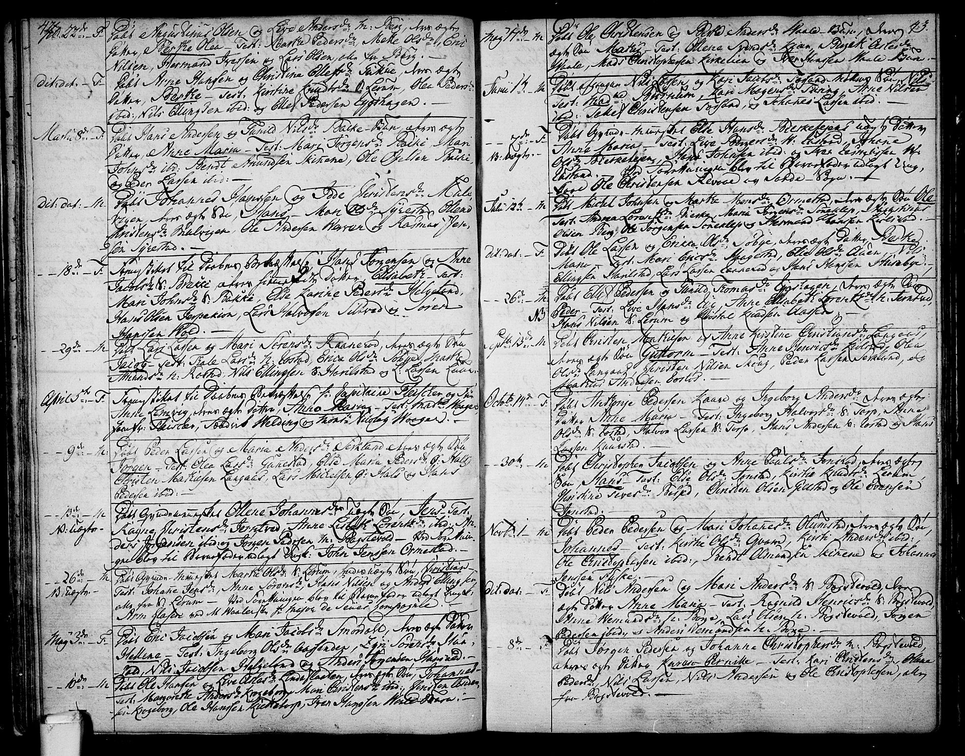 Våle kirkebøker, AV/SAKO-A-334/F/Fa/L0005: Parish register (official) no. I 5, 1773-1808, p. 42-43