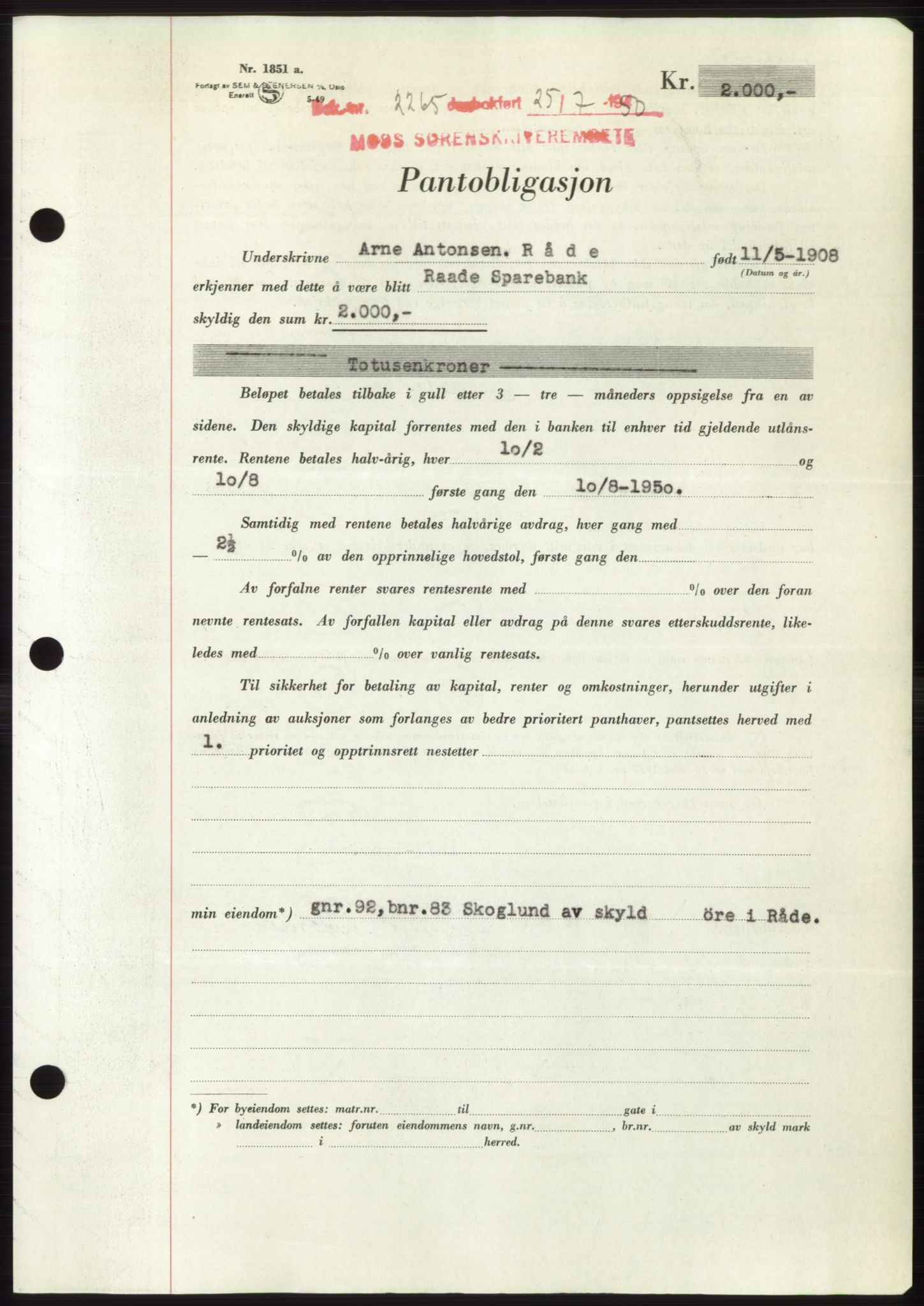 Moss sorenskriveri, AV/SAO-A-10168: Mortgage book no. B24, 1950-1950, Diary no: : 2265/1950