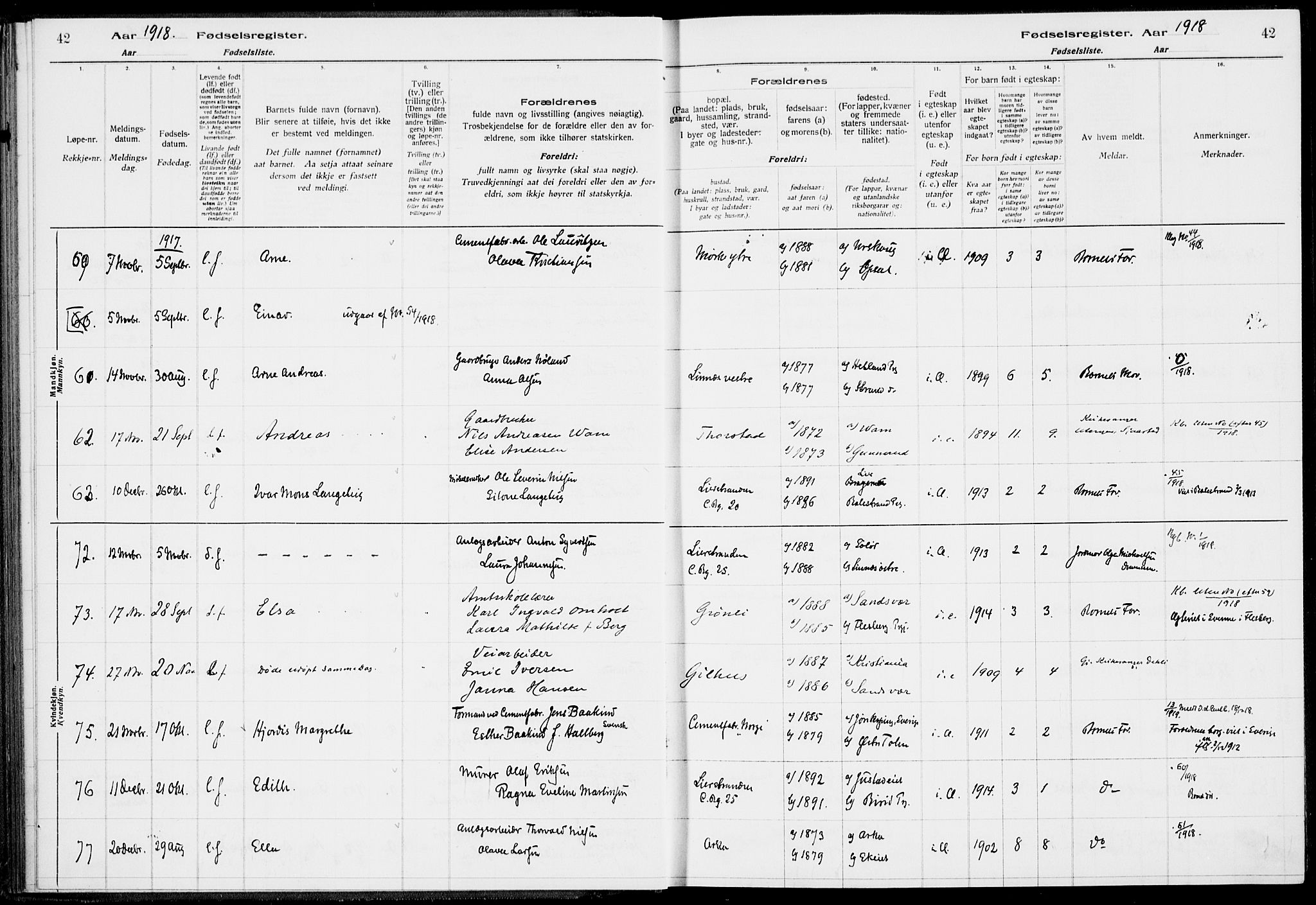 Lier kirkebøker, AV/SAKO-A-230/J/Ja/L0001: Birth register no. 1, 1916-1928, p. 42