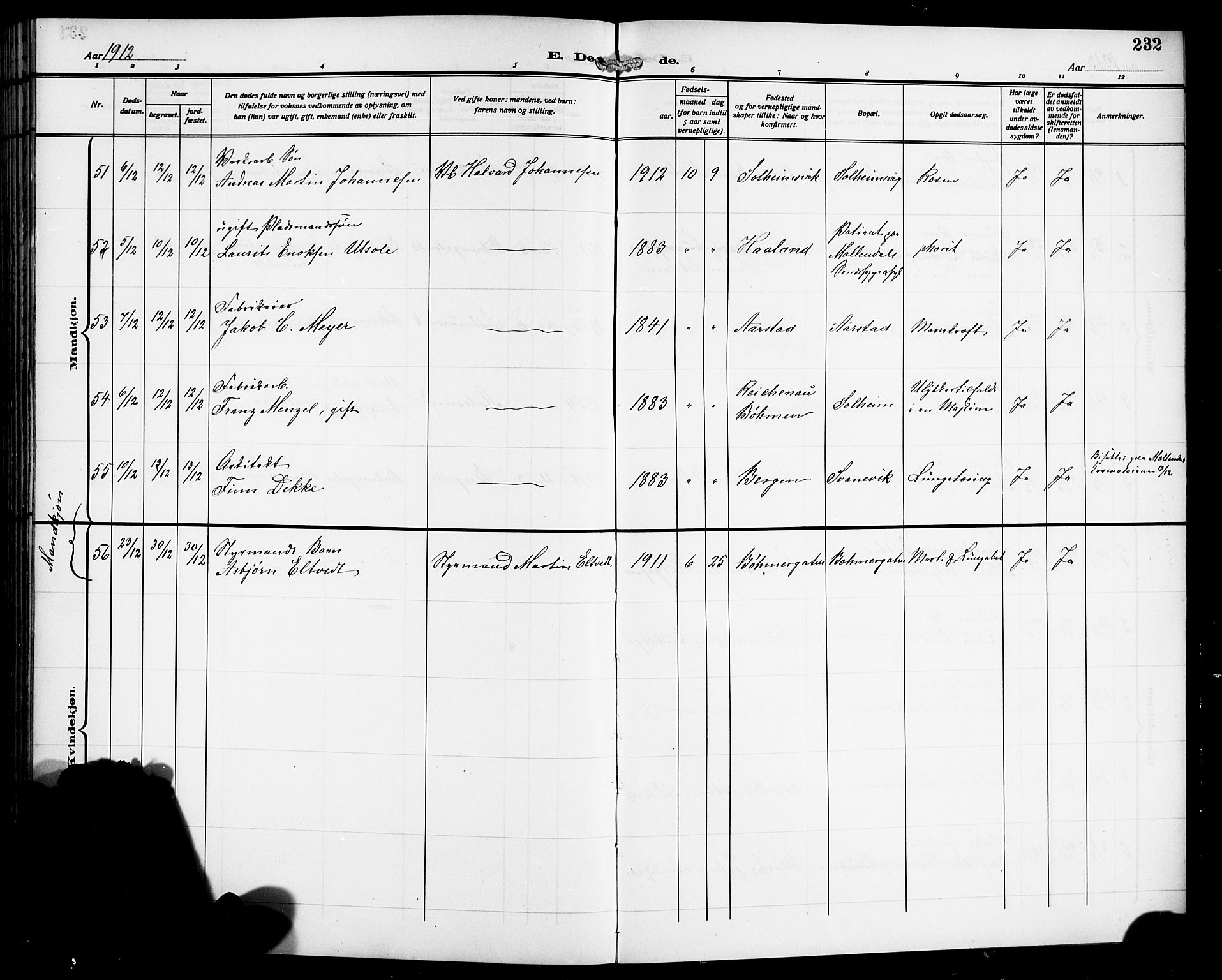 Årstad Sokneprestembete, SAB/A-79301/H/Hab/L0018: Parish register (copy) no. C 1, 1902-1919, p. 232