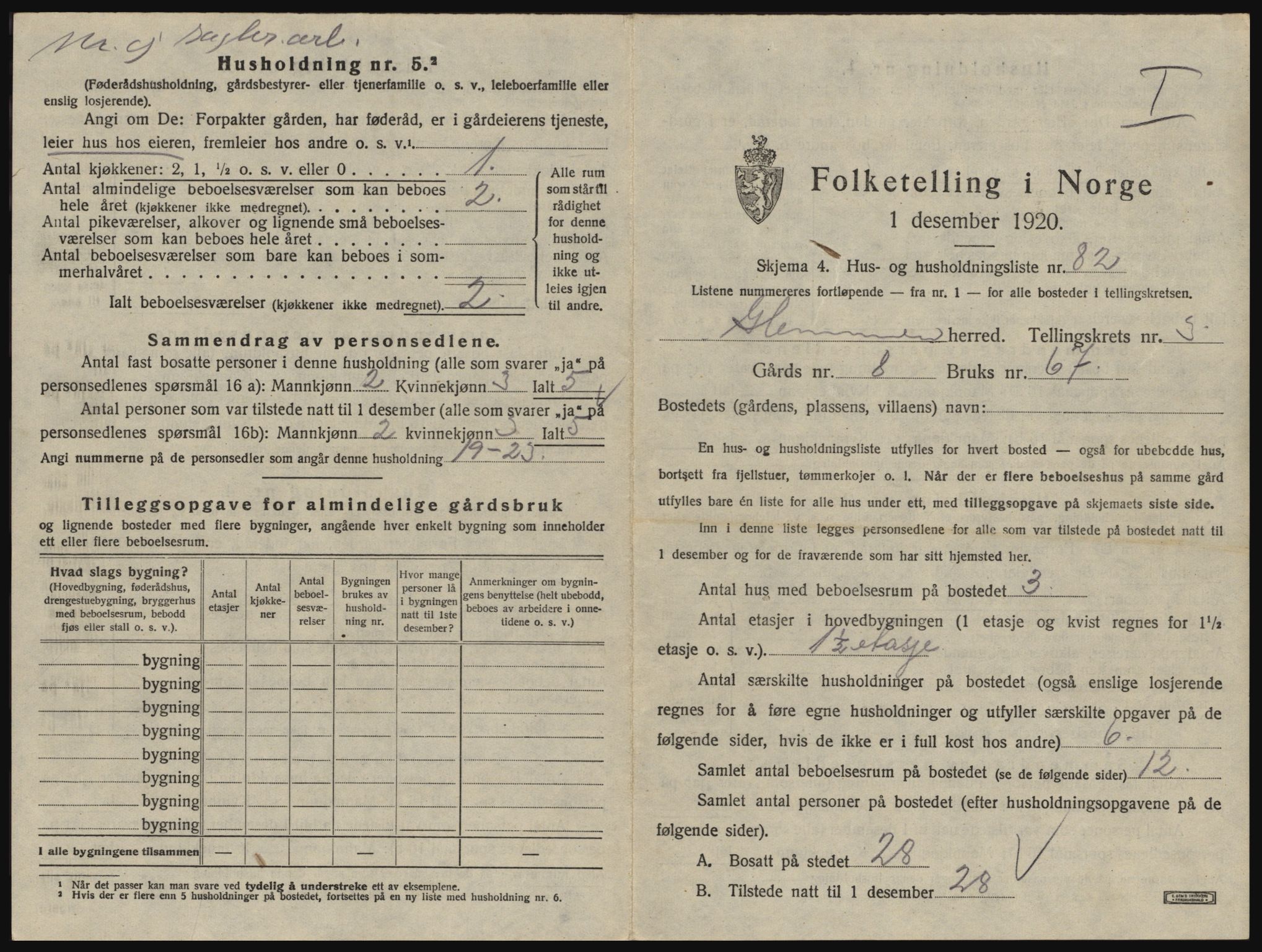 SAO, 1920 census for Glemmen, 1920, p. 613