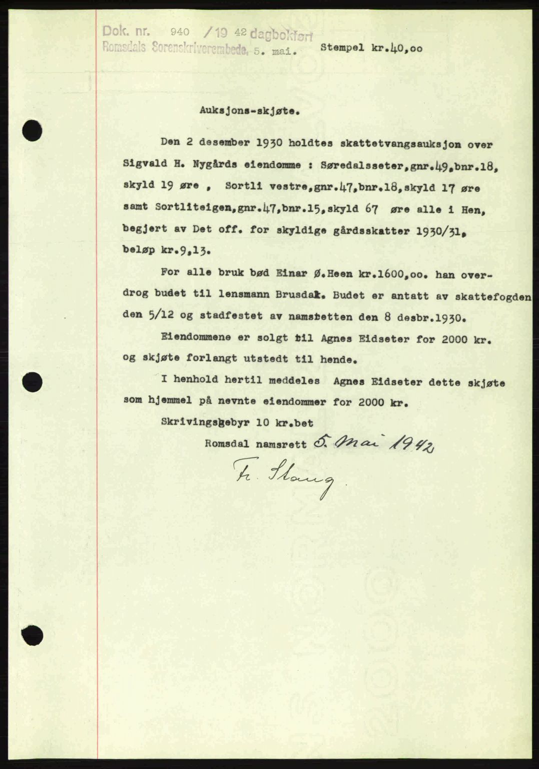 Romsdal sorenskriveri, AV/SAT-A-4149/1/2/2C: Mortgage book no. A12, 1942-1942, Diary no: : 940/1942