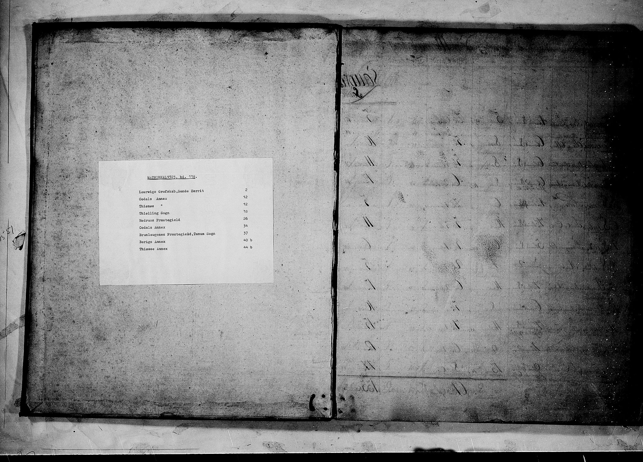 Rentekammeret inntil 1814, Realistisk ordnet avdeling, RA/EA-4070/N/Nb/Nbf/L0118: Larvik grevskap matrikkelprotokoll, 1723