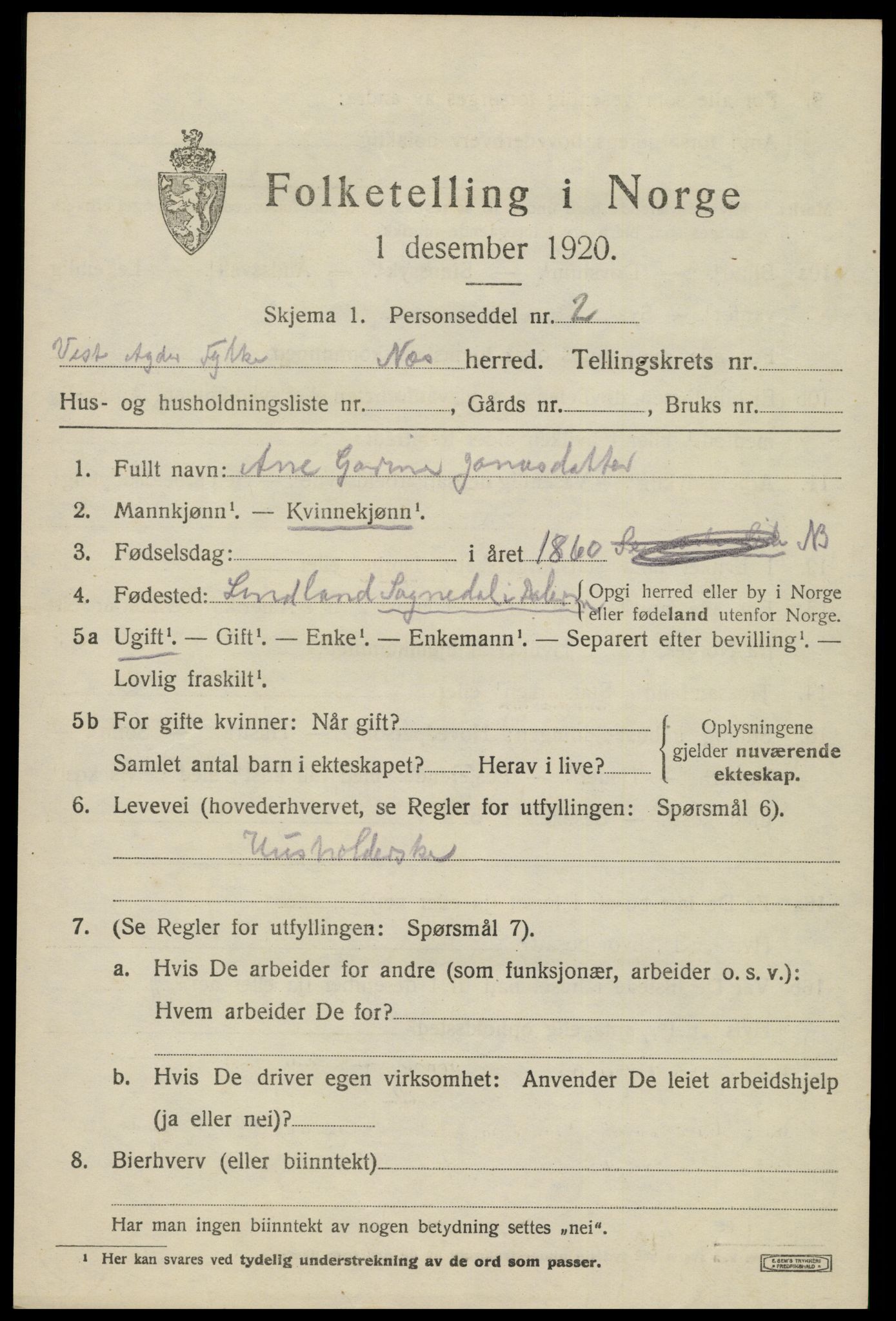 SAK, 1920 census for Nes (V-A), 1920, p. 5426