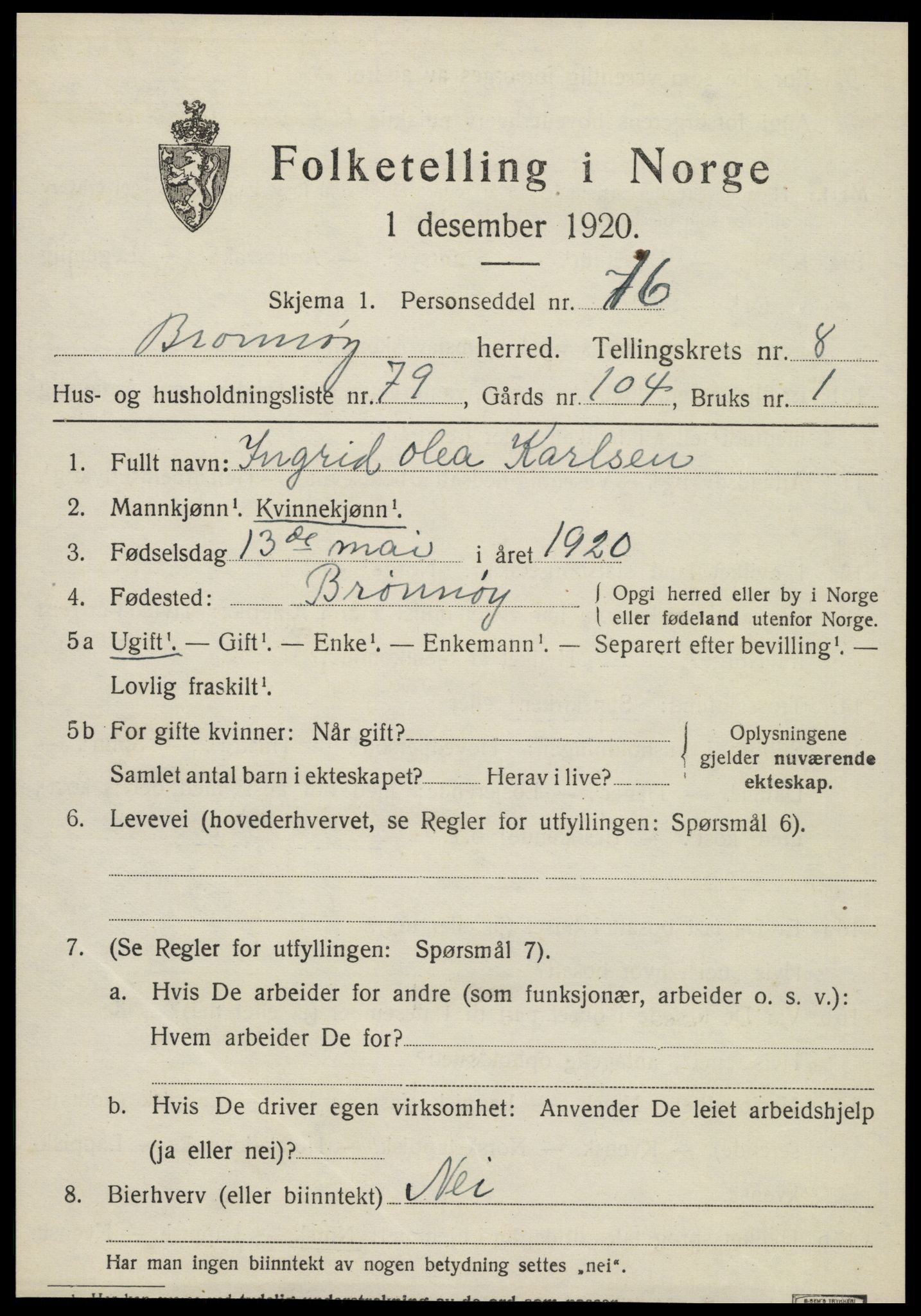 SAT, 1920 census for Brønnøy, 1920, p. 7042