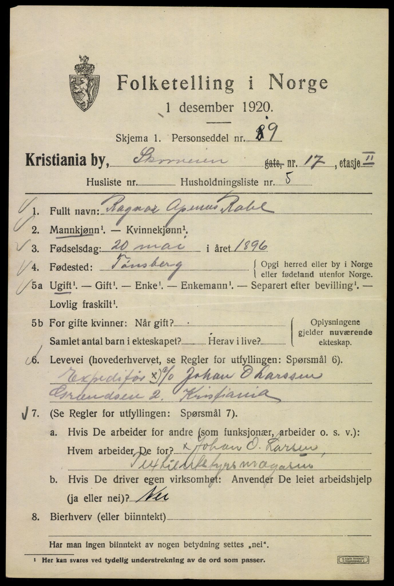 SAO, 1920 census for Kristiania, 1920, p. 516389