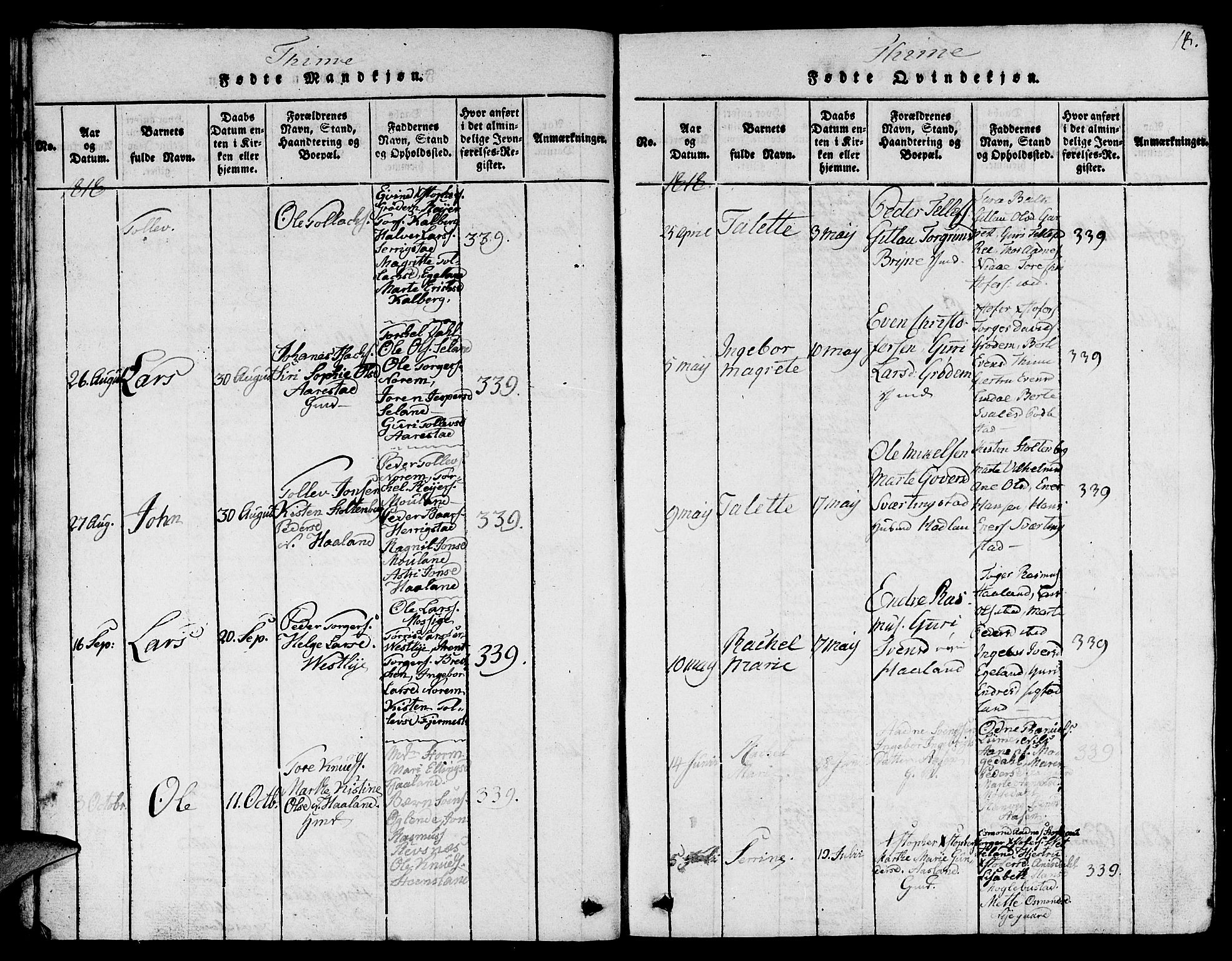 Lye sokneprestkontor, AV/SAST-A-101794/001/30BB/L0001: Parish register (copy) no. B 1 /1, 1816-1826, p. 18