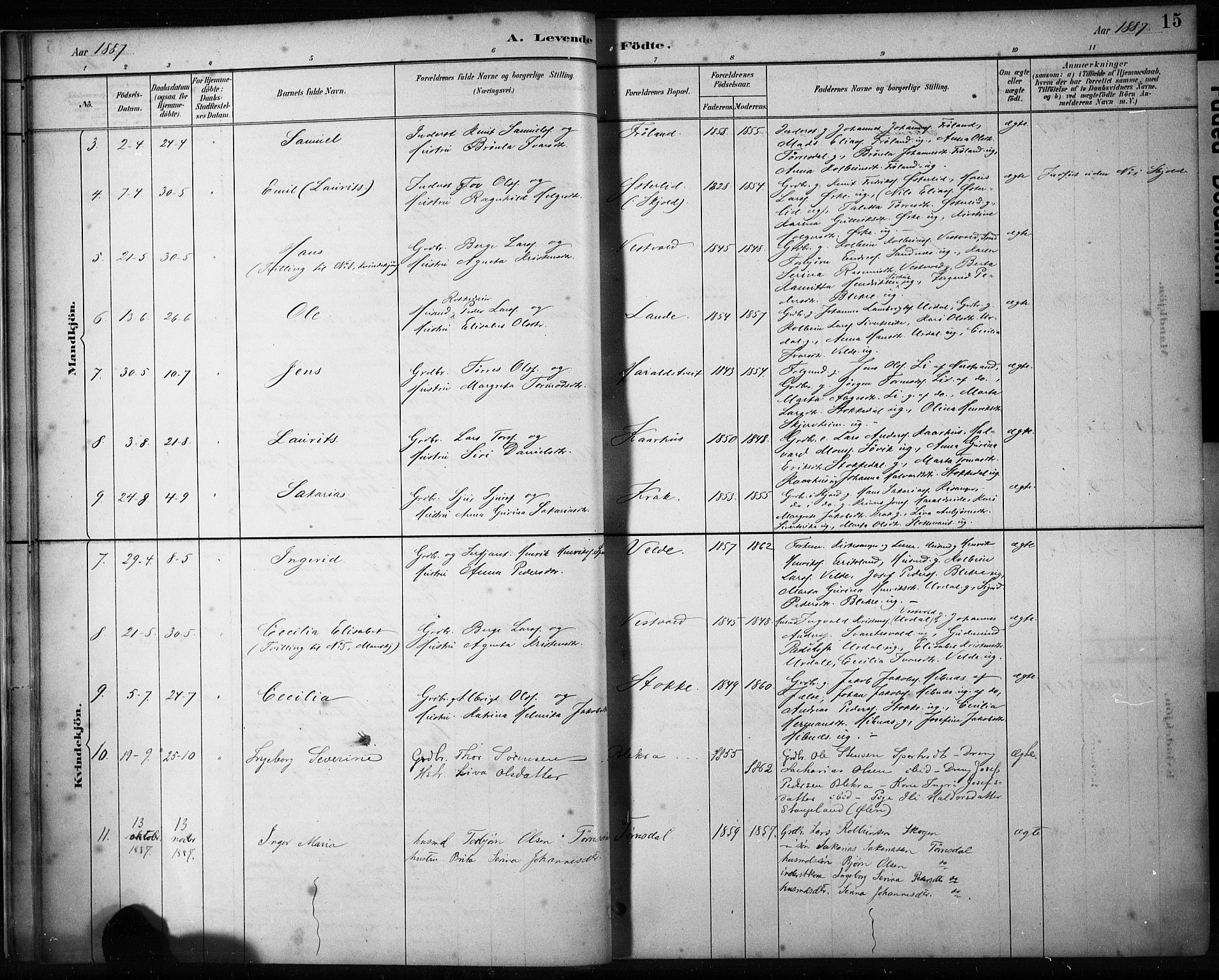 Skjold sokneprestkontor, AV/SAST-A-101847/H/Ha/Haa/L0009: Parish register (official) no. A 9, 1882-1898, p. 15