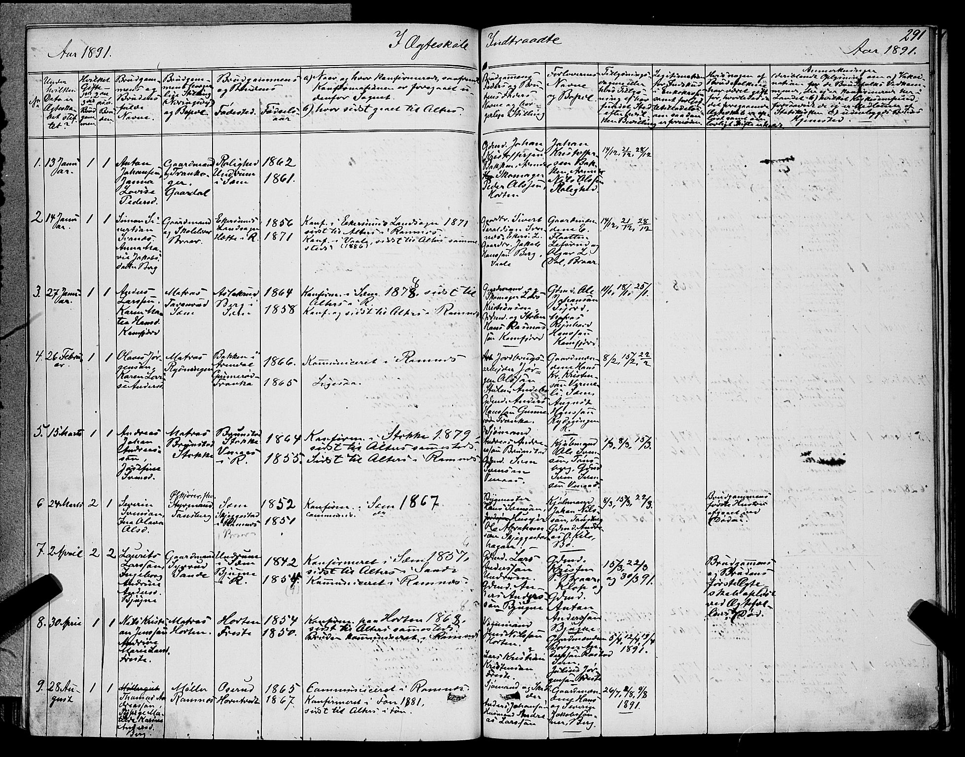 Ramnes kirkebøker, SAKO/A-314/G/Ga/L0003: Parish register (copy) no. I 3, 1870-1896, p. 291