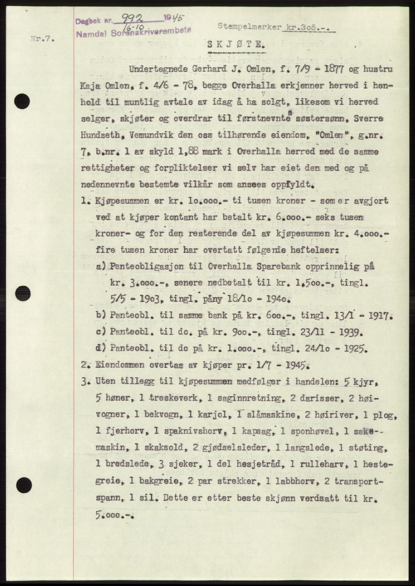 Namdal sorenskriveri, AV/SAT-A-4133/1/2/2C: Mortgage book no. -, 1944-1945, Diary no: : 992/1945