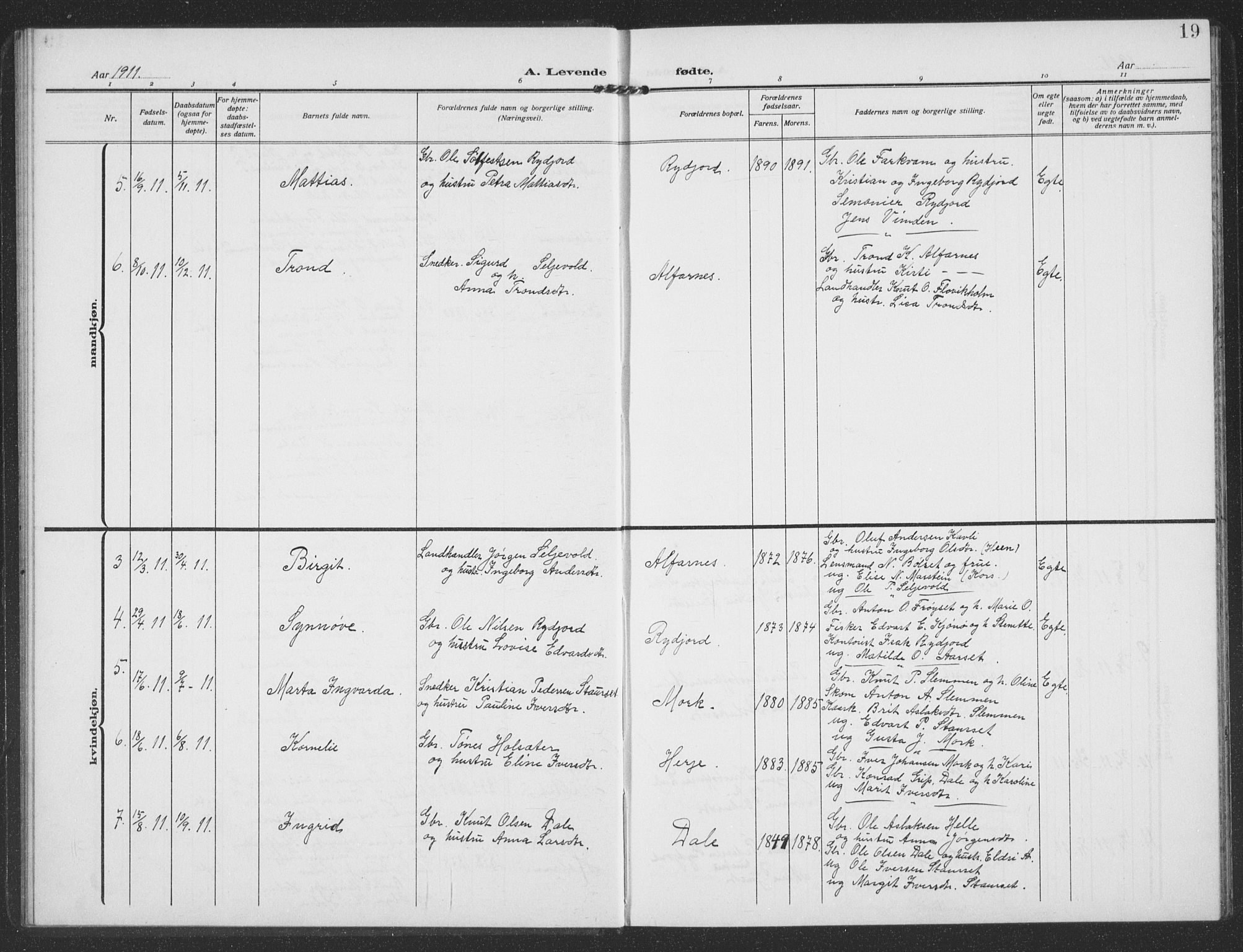 Ministerialprotokoller, klokkerbøker og fødselsregistre - Møre og Romsdal, AV/SAT-A-1454/549/L0615: Parish register (copy) no. 549C01, 1905-1932, p. 19