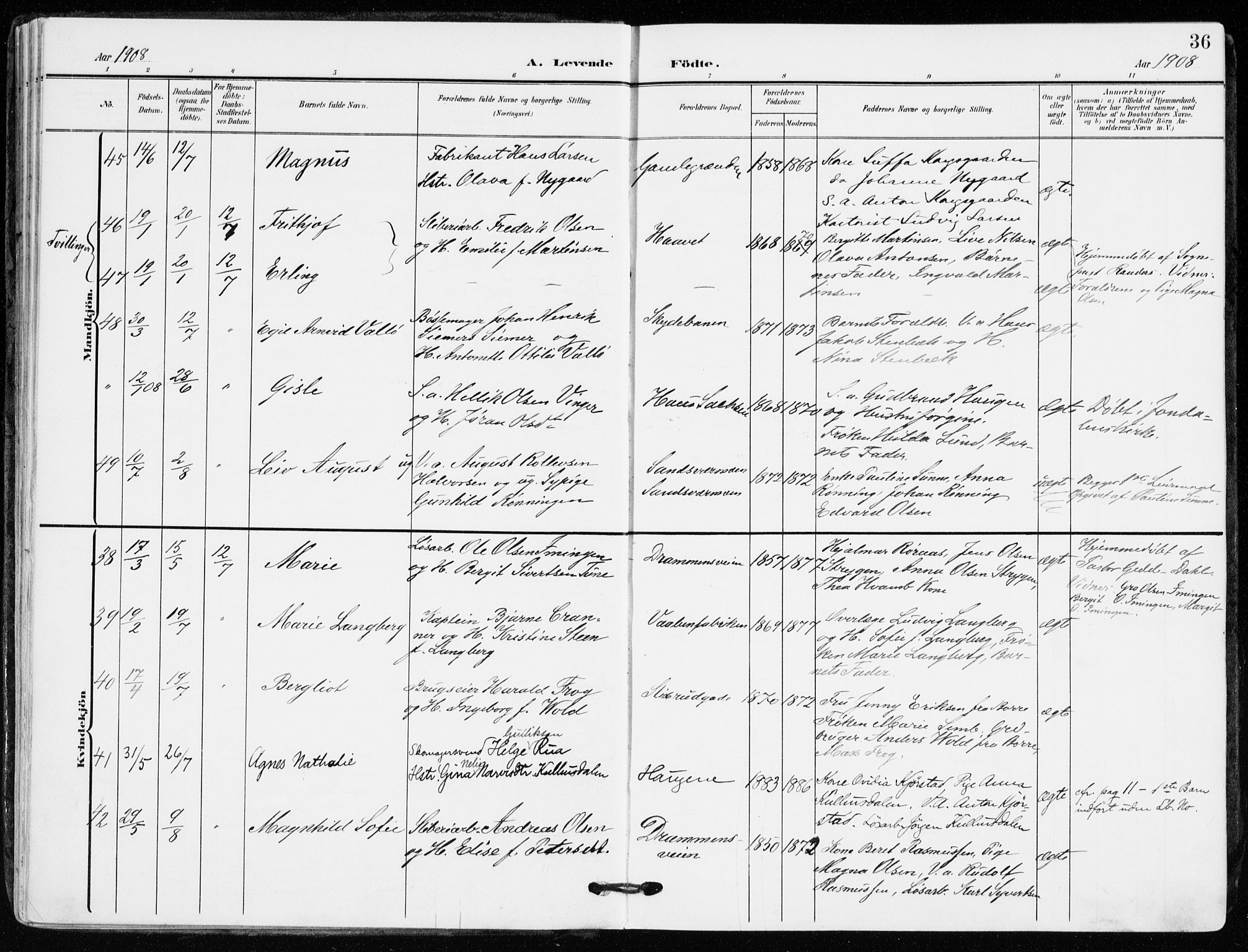 Kongsberg kirkebøker, AV/SAKO-A-22/F/Fb/L0004: Parish register (official) no. II 4, 1906-1918, p. 36