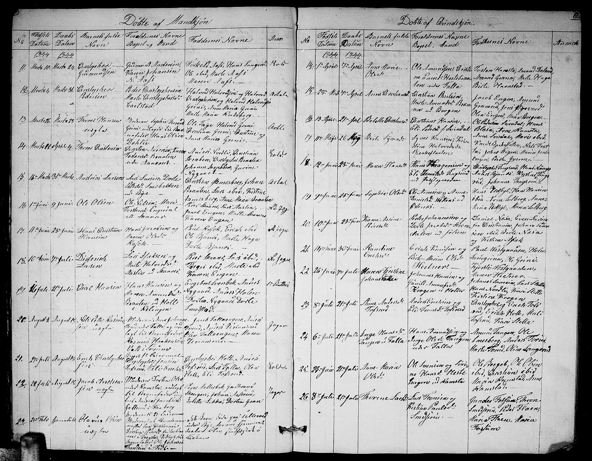 Fet prestekontor Kirkebøker, SAO/A-10370a/G/Ga/L0002: Parish register (copy) no. I 2, 1843-1859, p. 6