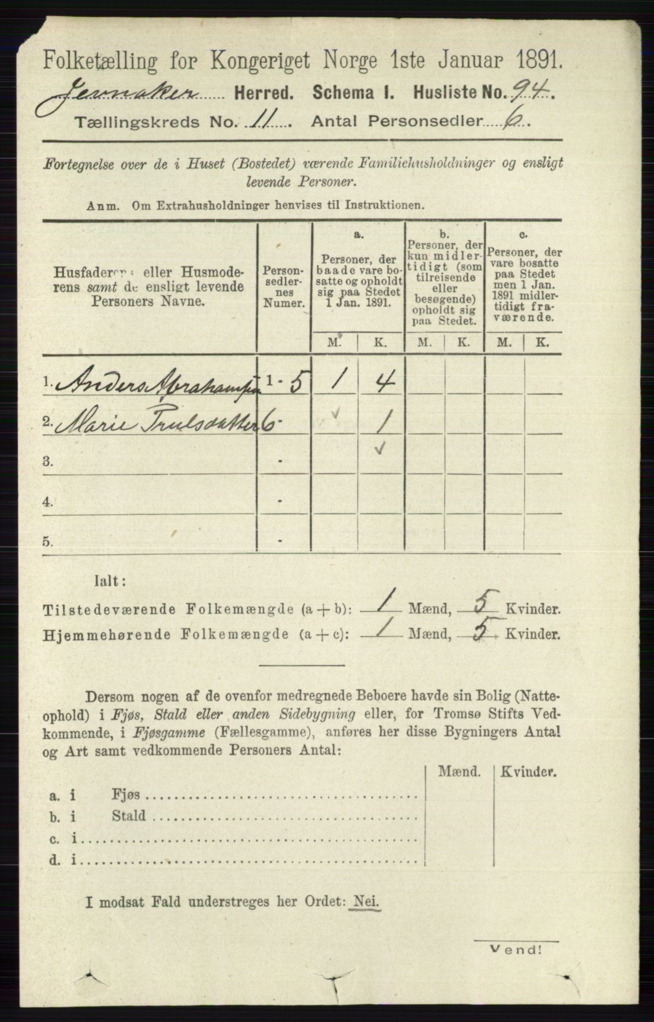 RA, 1891 census for 0532 Jevnaker, 1891, p. 6898