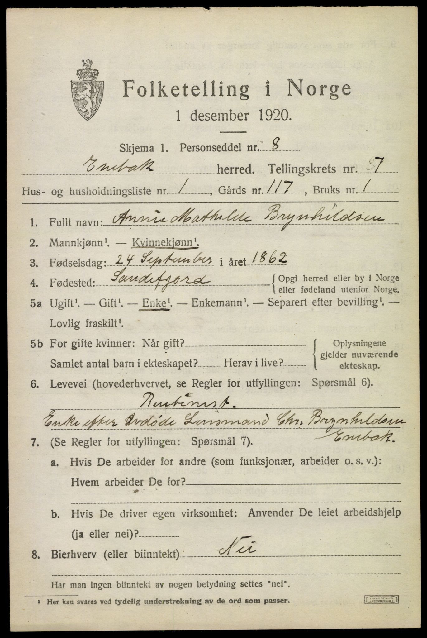 SAO, 1920 census for Enebakk, 1920, p. 6099