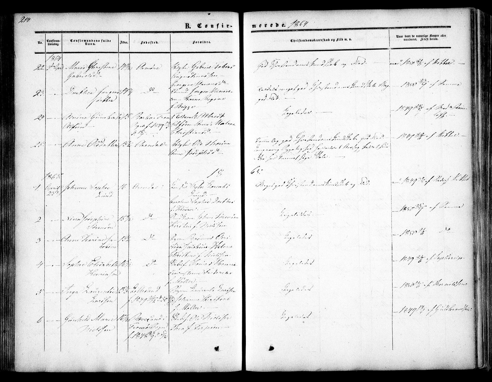 Arendal sokneprestkontor, Trefoldighet, AV/SAK-1111-0040/F/Fa/L0006: Parish register (official) no. A 6, 1855-1868, p. 214