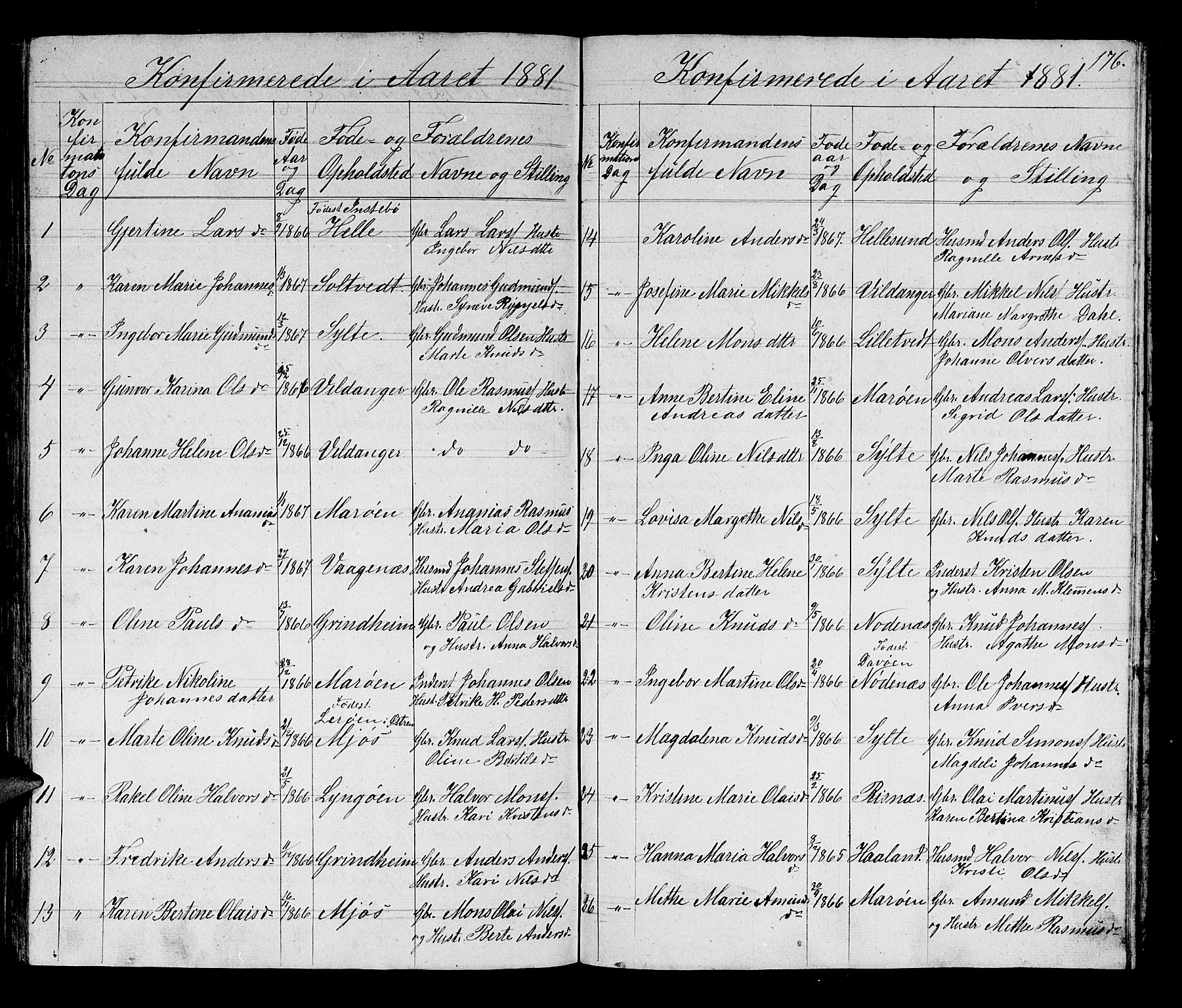 Manger sokneprestembete, SAB/A-76801/H/Hab: Parish register (copy) no. B 1, 1856-1881, p. 176