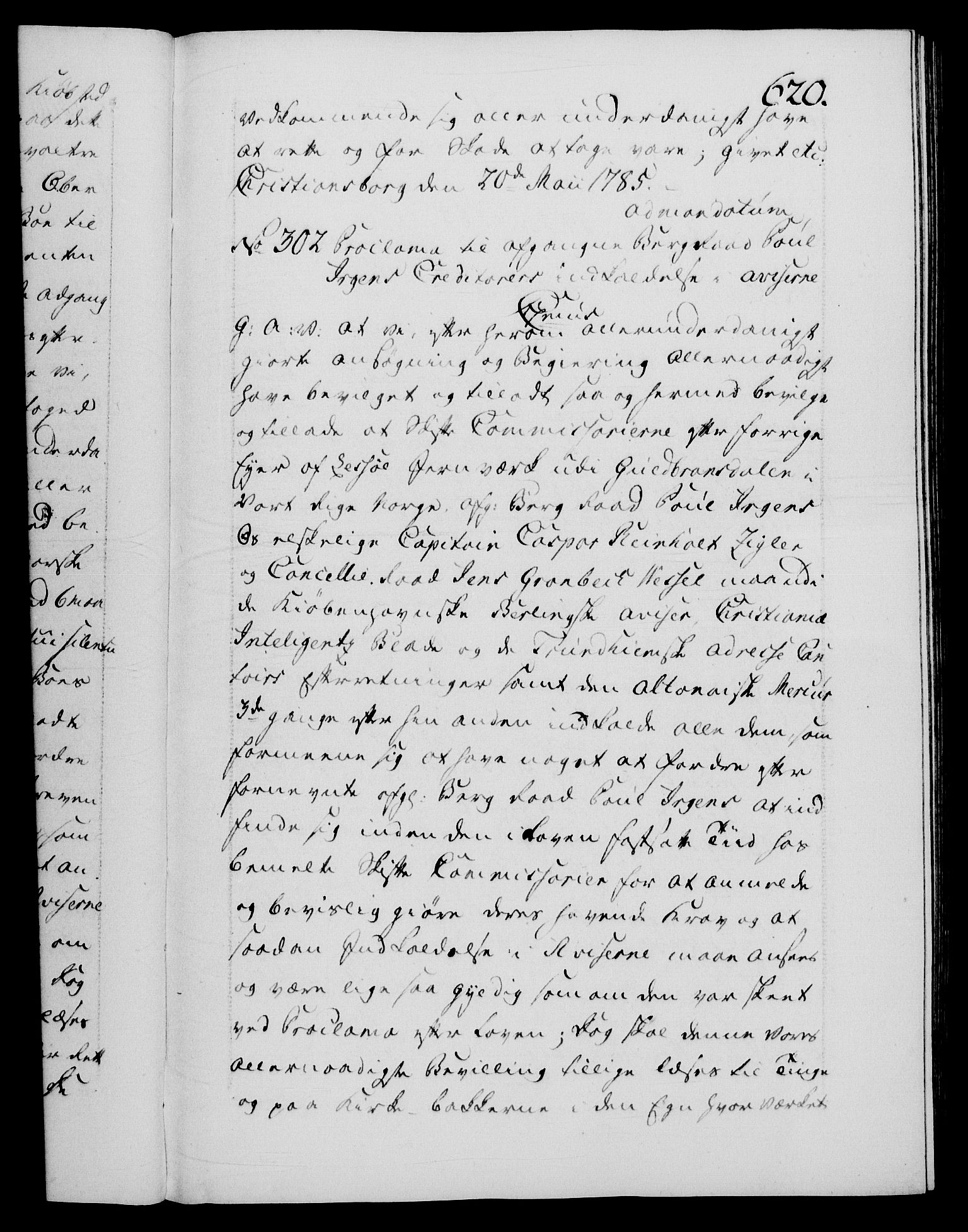 Danske Kanselli 1572-1799, RA/EA-3023/F/Fc/Fca/Fcaa/L0050: Norske registre, 1784-1785, p. 620a