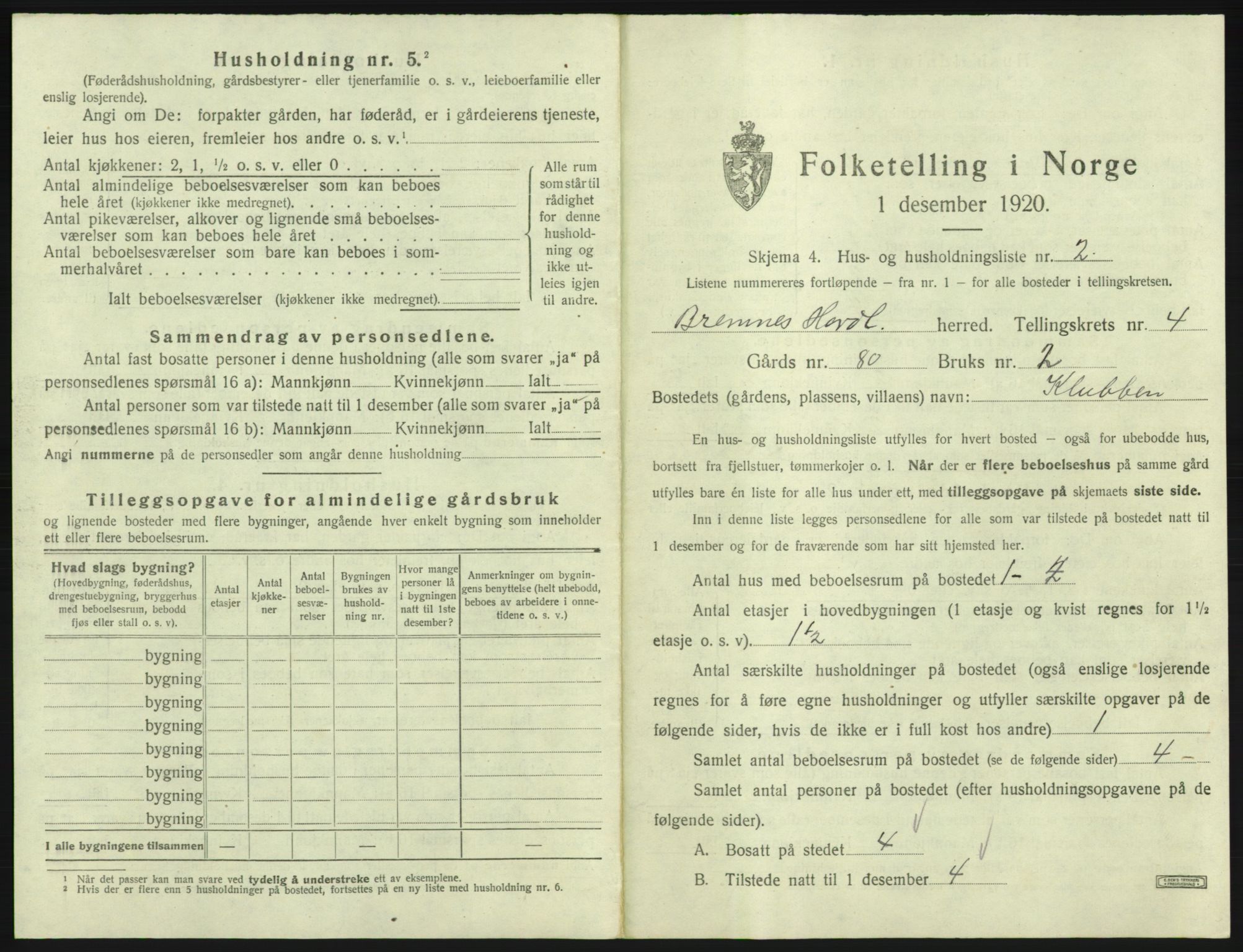 SAB, 1920 census for Bremnes, 1920, p. 160