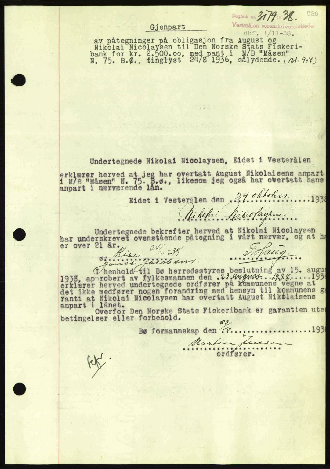 Vesterålen sorenskriveri, AV/SAT-A-4180/1/2/2Ca: Mortgage book no. B6-10, 1938-1941, Diary no: : 3179/1938