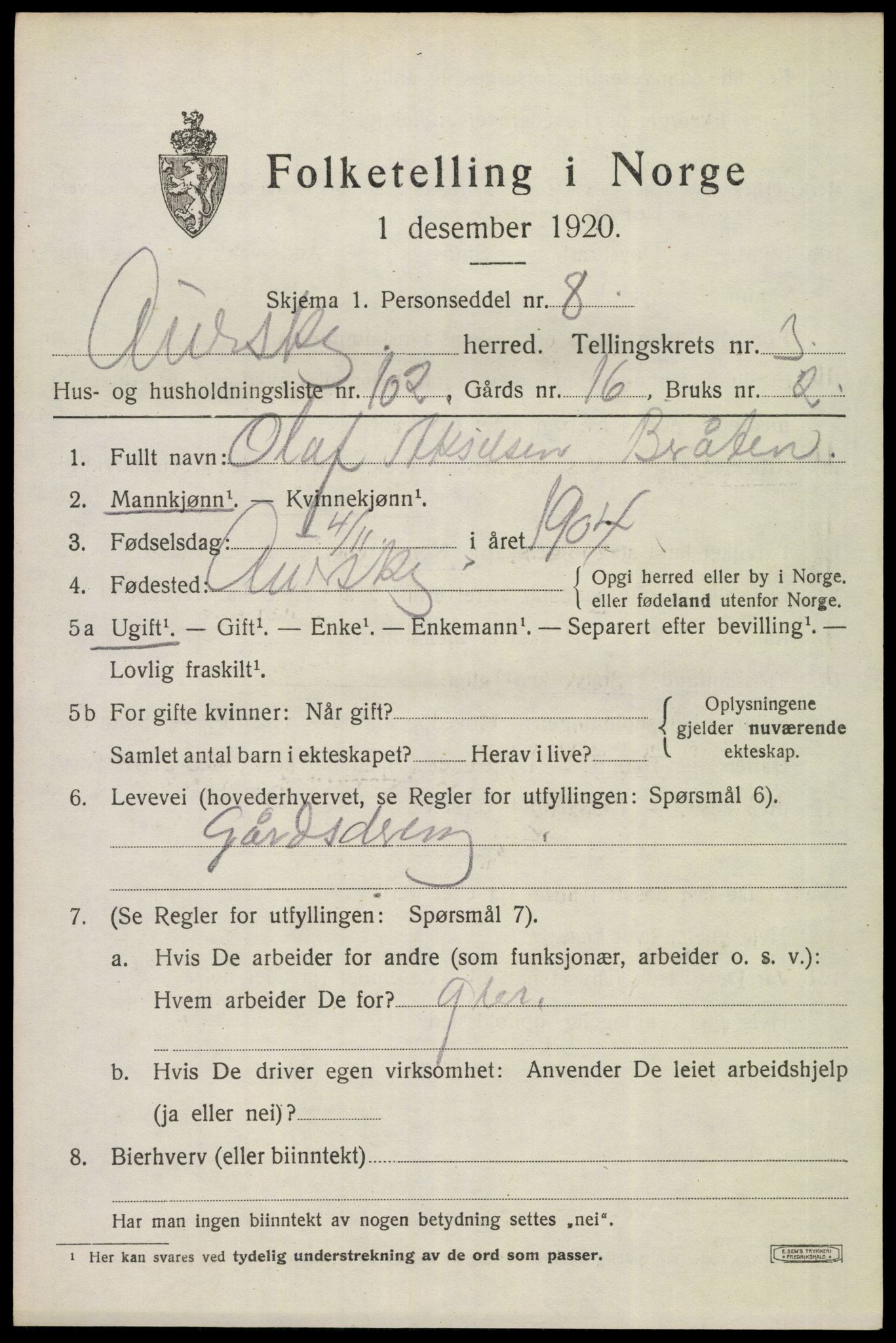 SAO, 1920 census for Aurskog, 1920, p. 4716