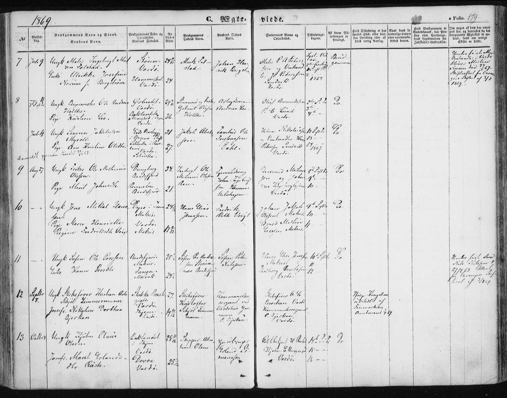 Vardø sokneprestkontor, SATØ/S-1332/H/Ha/L0004kirke: Parish register (official) no. 4, 1862-1871, p. 179