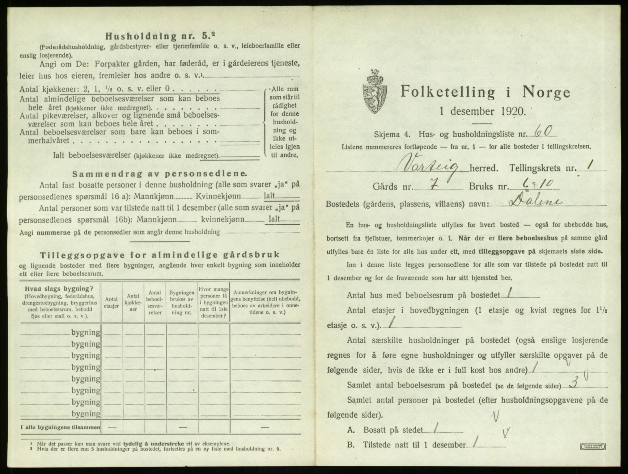 SAO, 1920 census for Varteig, 1920, p. 137