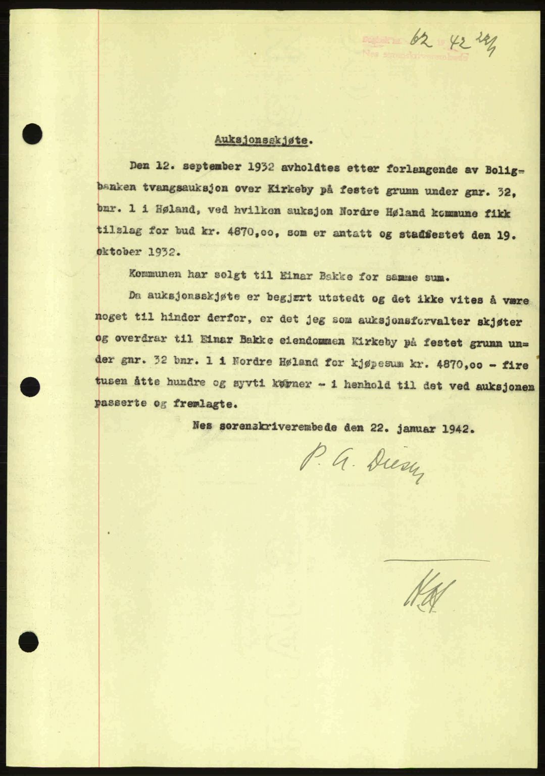 Nes tingrett, AV/SAO-A-10548/G/Gb/Gbb/L0012: Mortgage book no. 56, 1941-1942, Diary no: : 62/1942