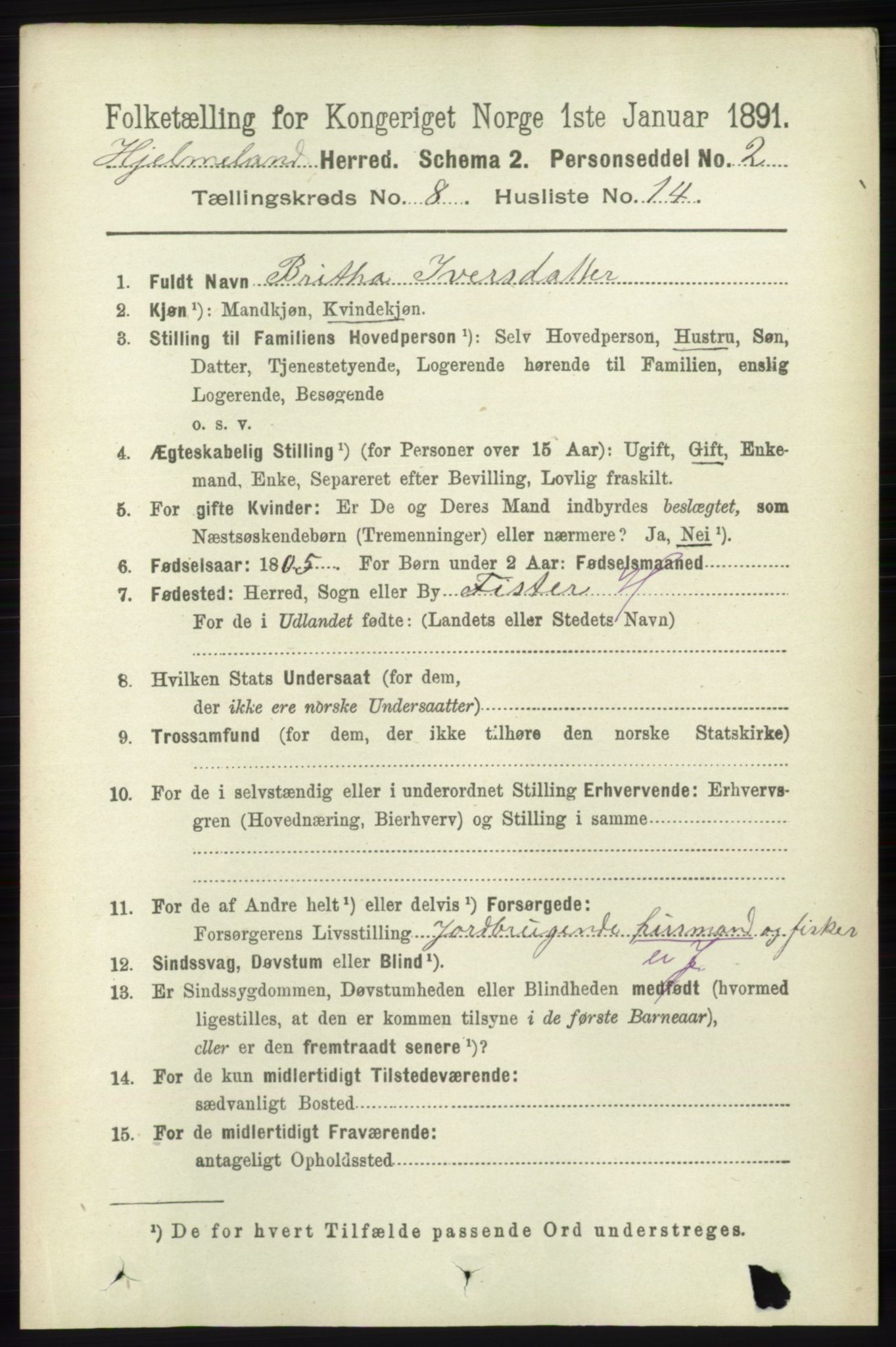 RA, 1891 census for 1133 Hjelmeland, 1891, p. 2537