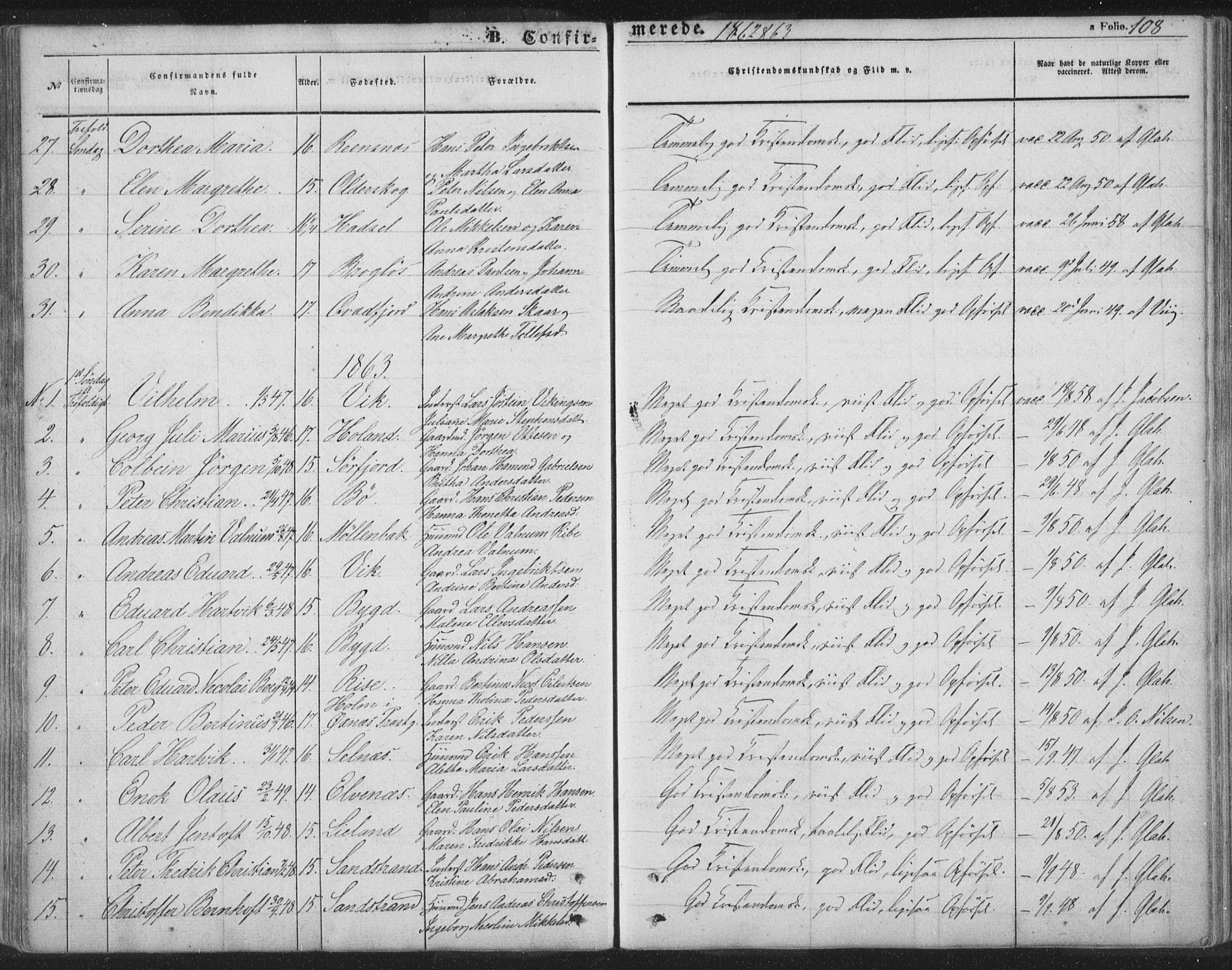 Ministerialprotokoller, klokkerbøker og fødselsregistre - Nordland, AV/SAT-A-1459/895/L1369: Parish register (official) no. 895A04, 1852-1872, p. 108