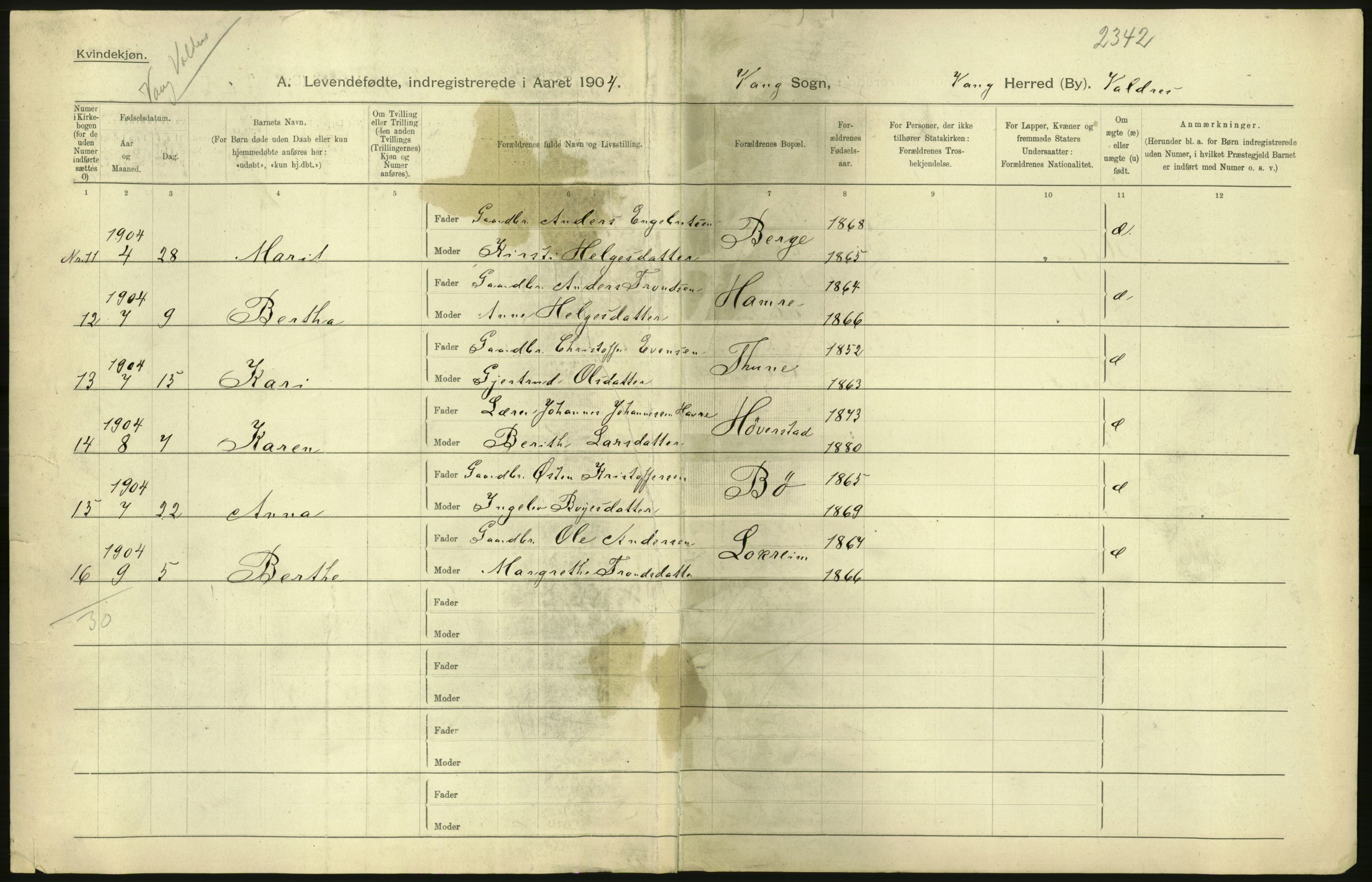 Statistisk sentralbyrå, Sosiodemografiske emner, Befolkning, AV/RA-S-2228/D/Df/Dfa/Dfab/L0006: Kristians amt: Fødte, gifte, døde, 1904, p. 438