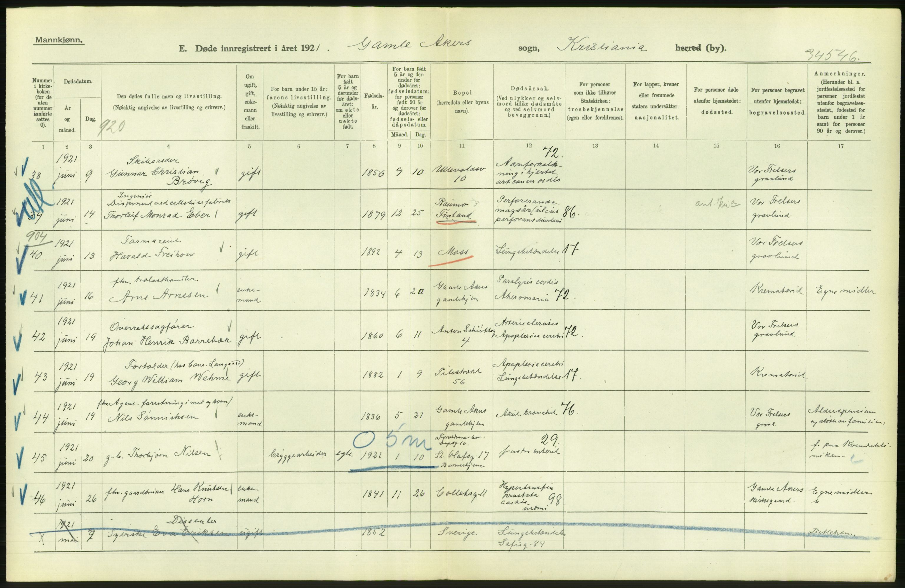 Statistisk sentralbyrå, Sosiodemografiske emner, Befolkning, AV/RA-S-2228/D/Df/Dfc/Dfca/L0012: Kristiania: Døde, 1921, p. 16